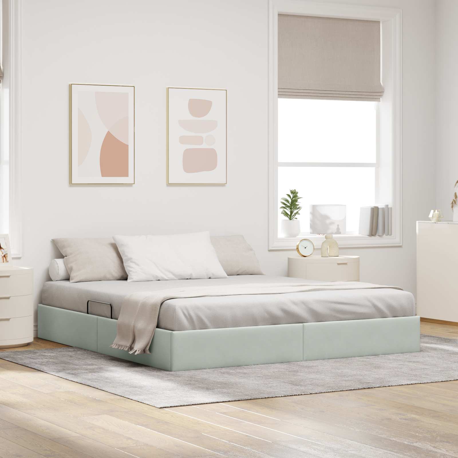 Ottoman Bettgestell mit Speicher Hellgrau 160 x 200 cm Samt