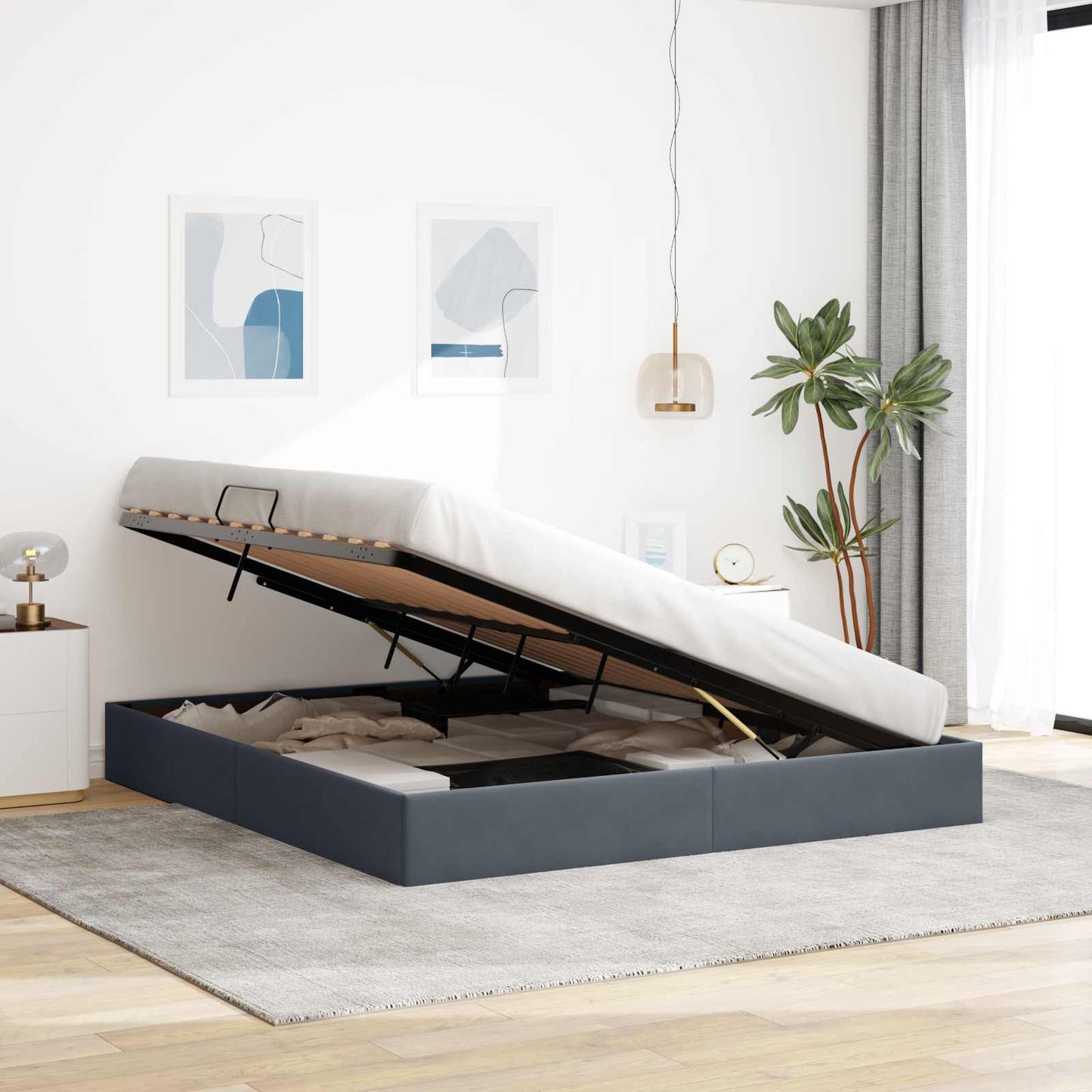 Ottoman Bettgestell mit Speicher Dunkelgrau 160 x 200 cm Samt