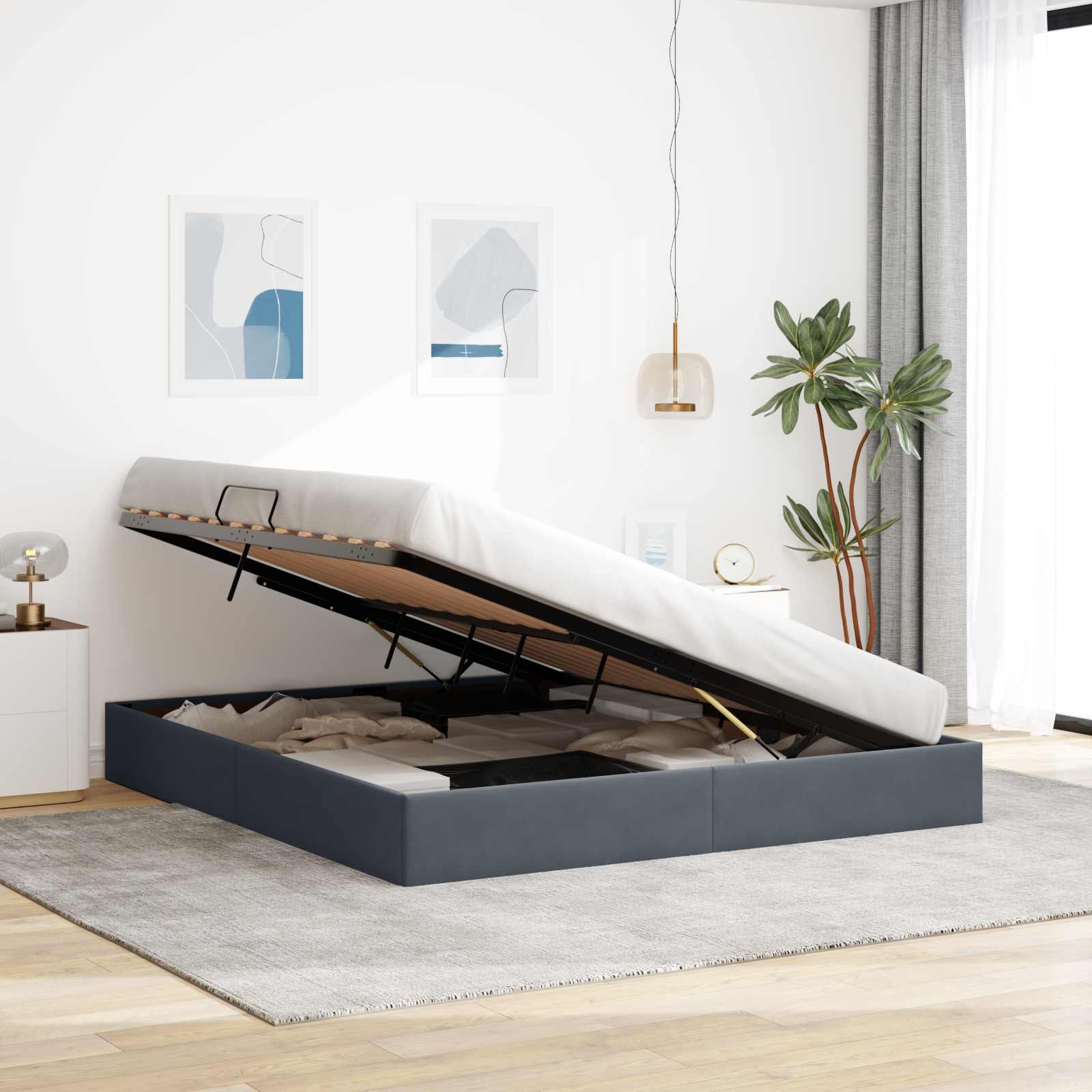 Ottoman Bettgestell mit Speicher Dunkelgrau 160 x 200 cm Samt