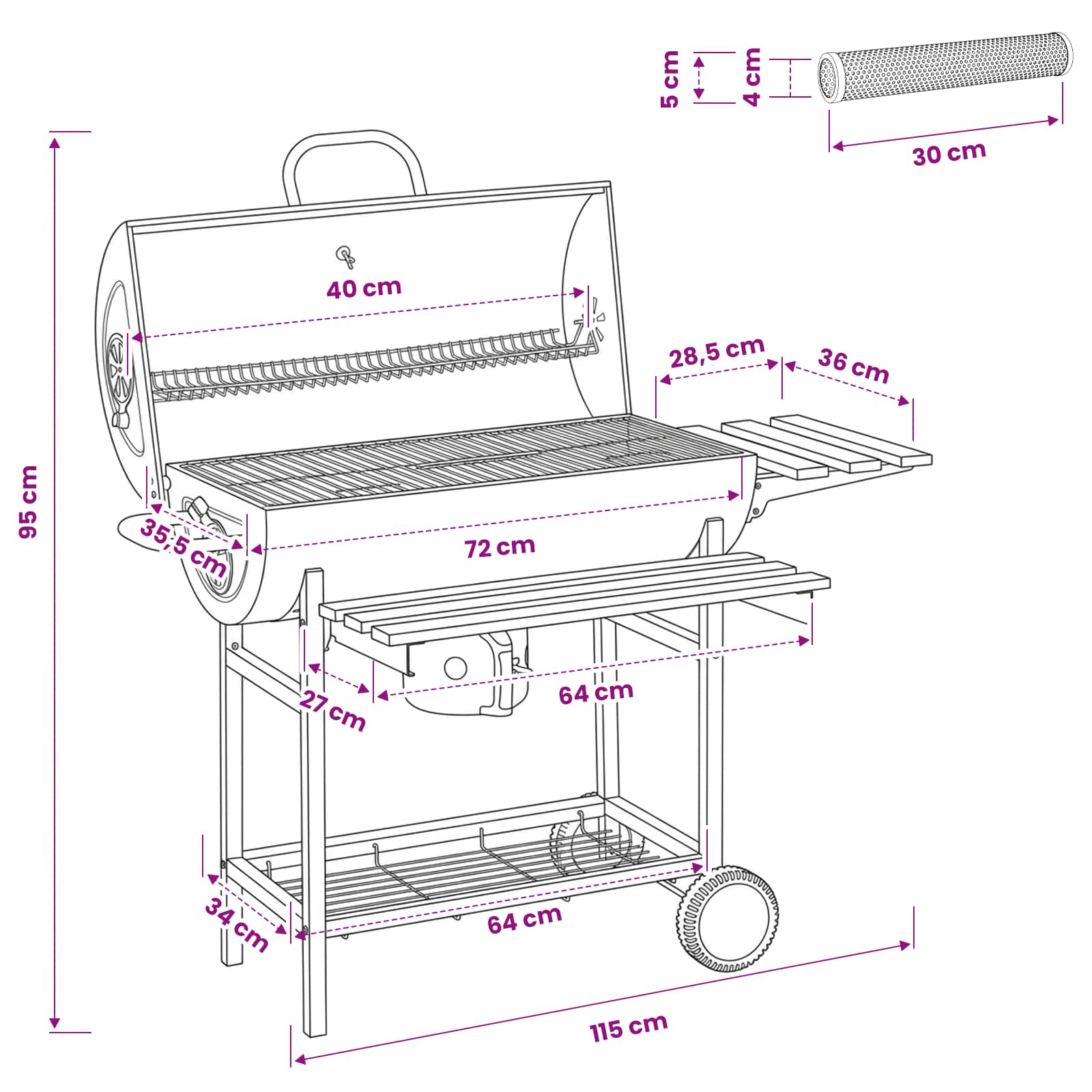Fassgrill mit Rädern und Regalen 3 Stk. 115 x 85 x 95 cm Metall