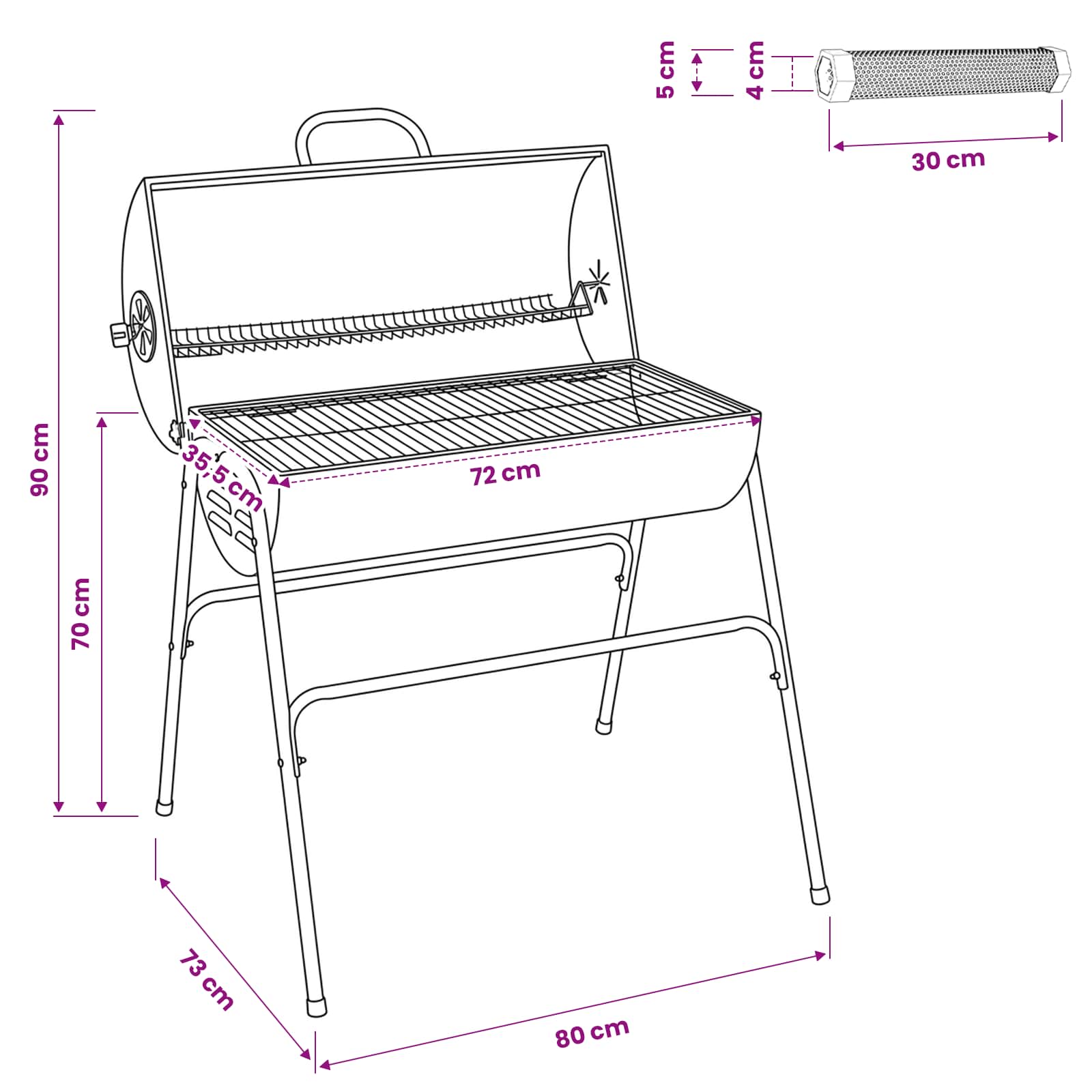 Fassgrill mit 2 Kochrosten 3 Stk. 80 x 73 x 90 cm Metall