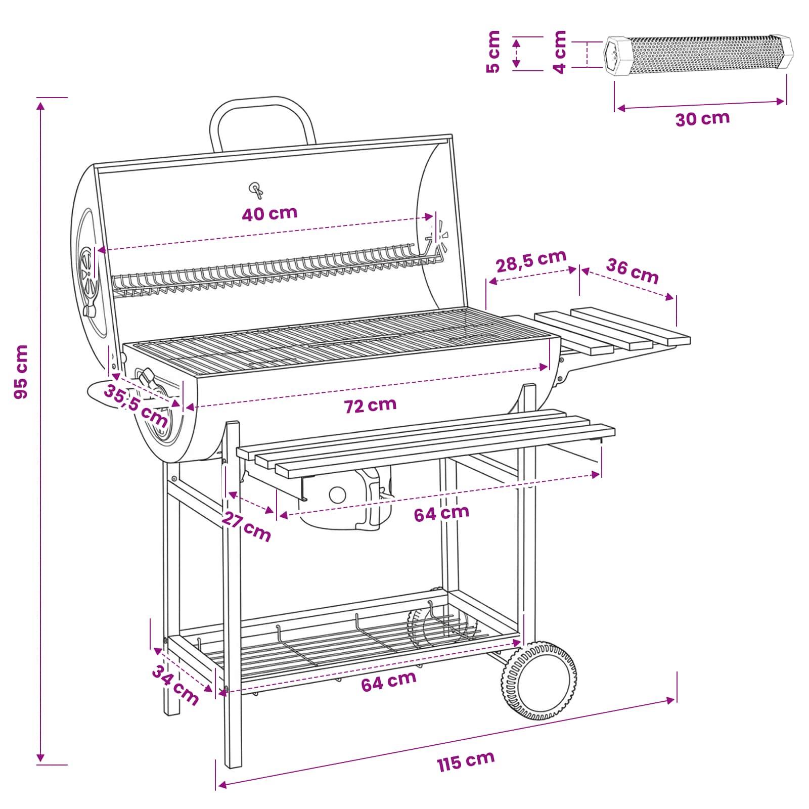 Fassgrill mit Rädern und Regalen 3 Stk. 115 x 85 x 95 cm Metall