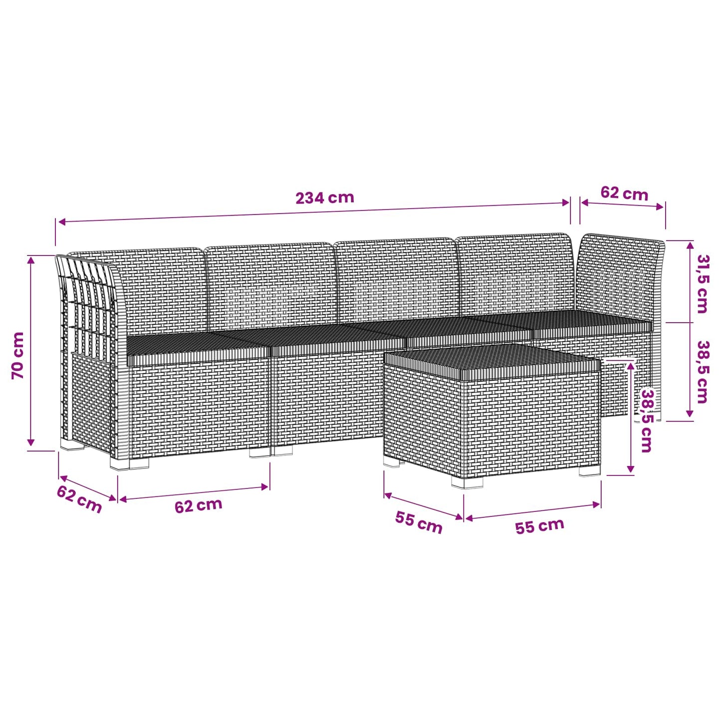 4-Sitzer Gartensofa Rattan Look PP Braun