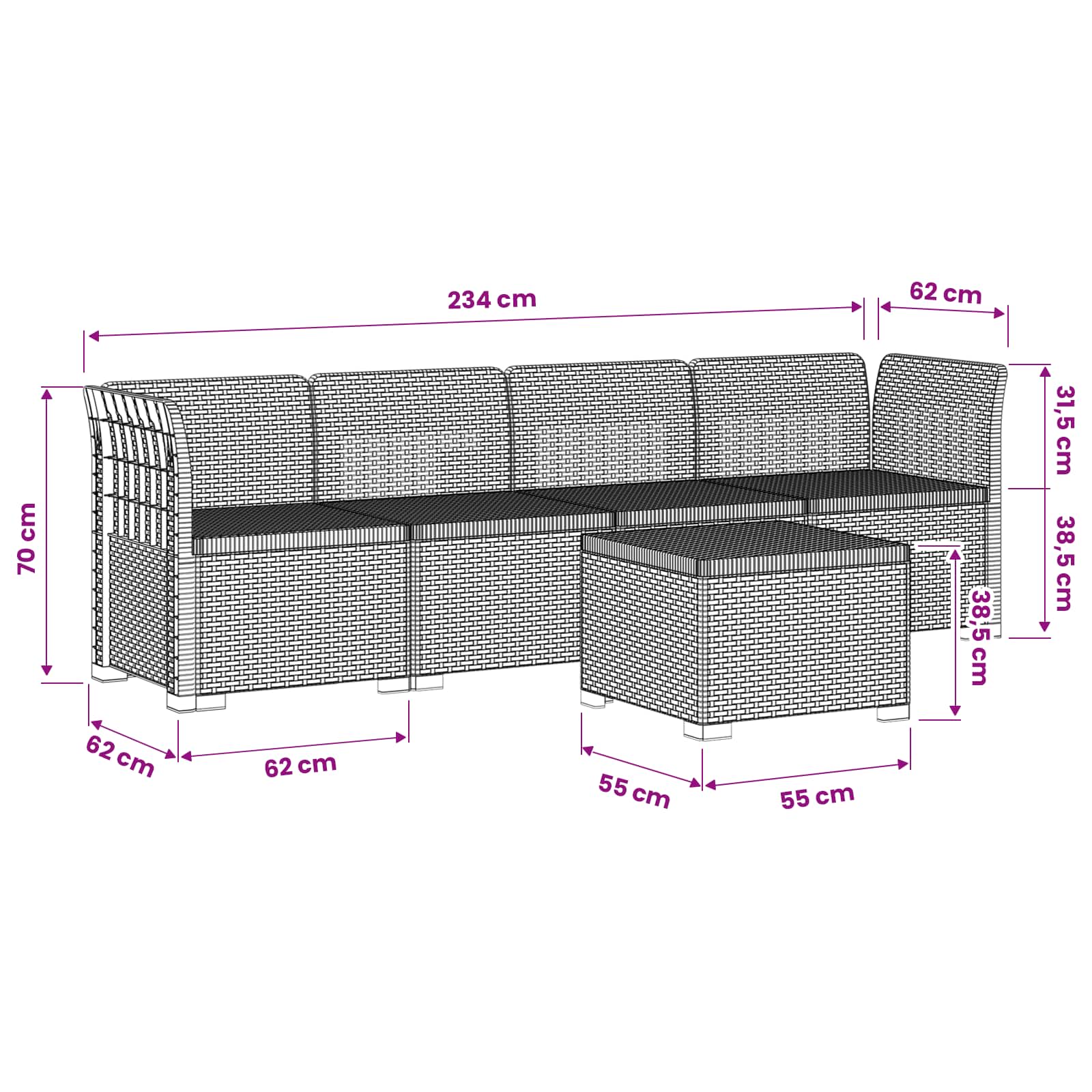 4-Sitzer Gartensofa Rattan Look PP Braun