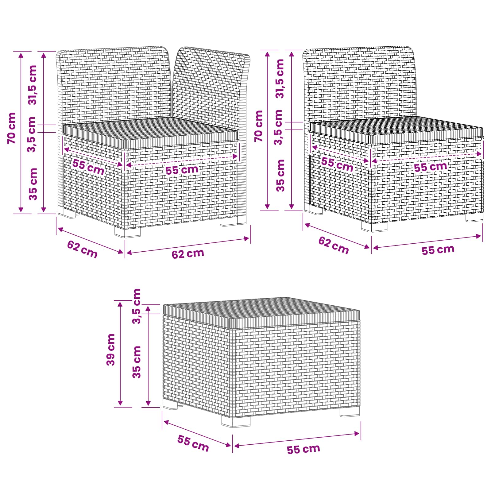 4-Sitzer Gartensofa Rattan Look PP Weiß