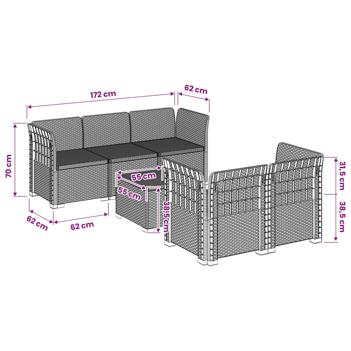 5-Sitzer Gartensofa Rattan-Look PP Anthrazit