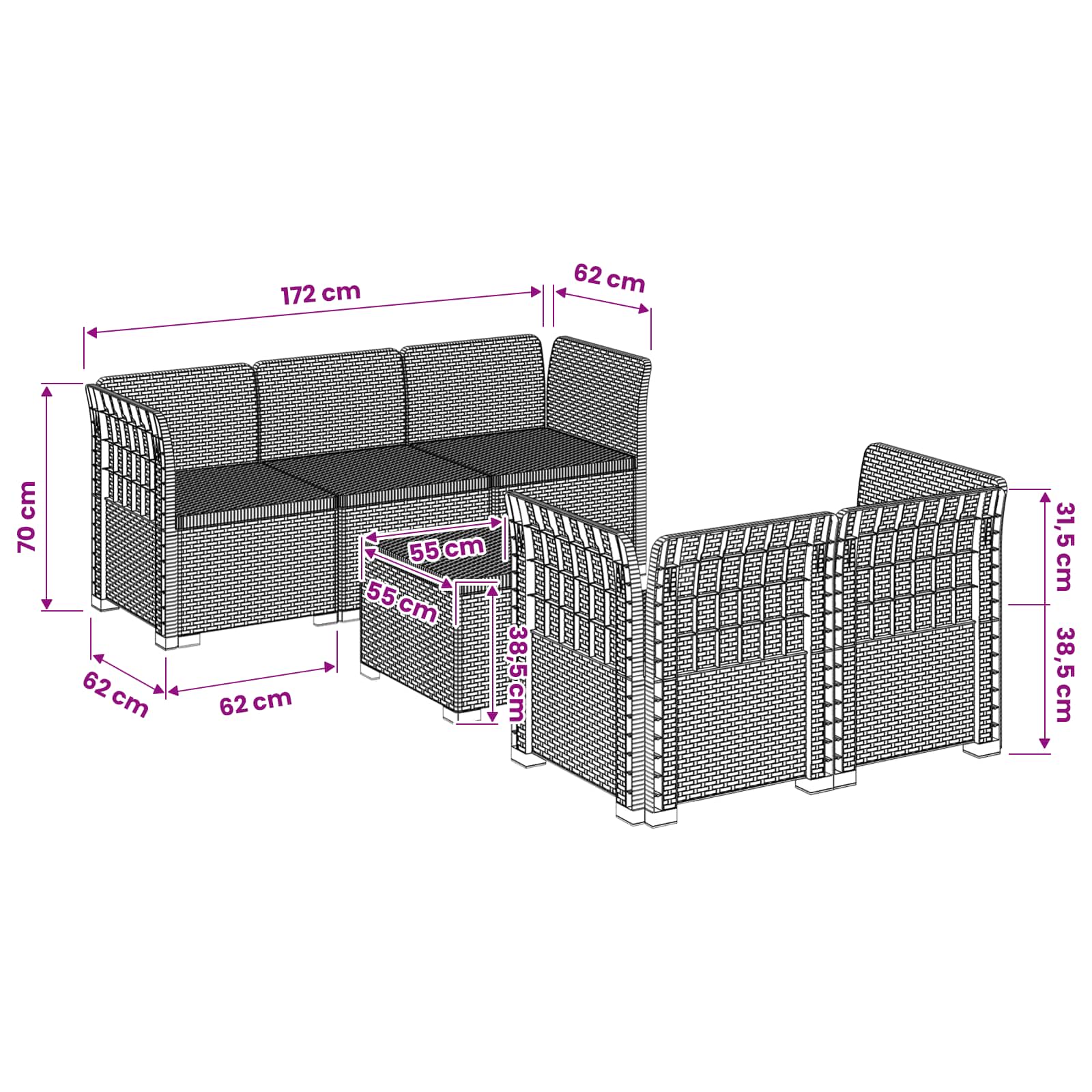 5-Sitzer Gartensofa Rattan-Look PP Anthrazit
