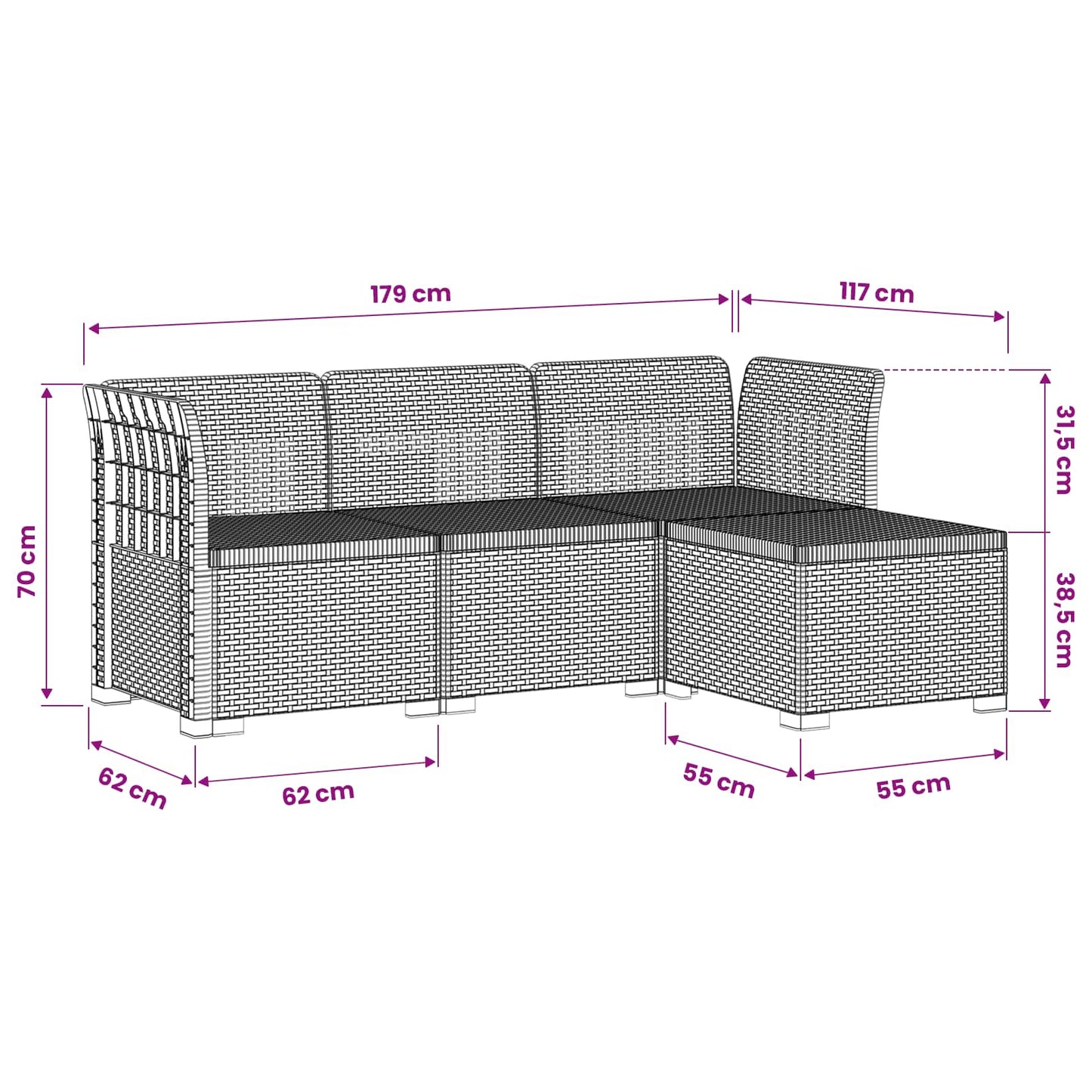 4-Sitzer Garten Sofa Rattan Look PP Braun