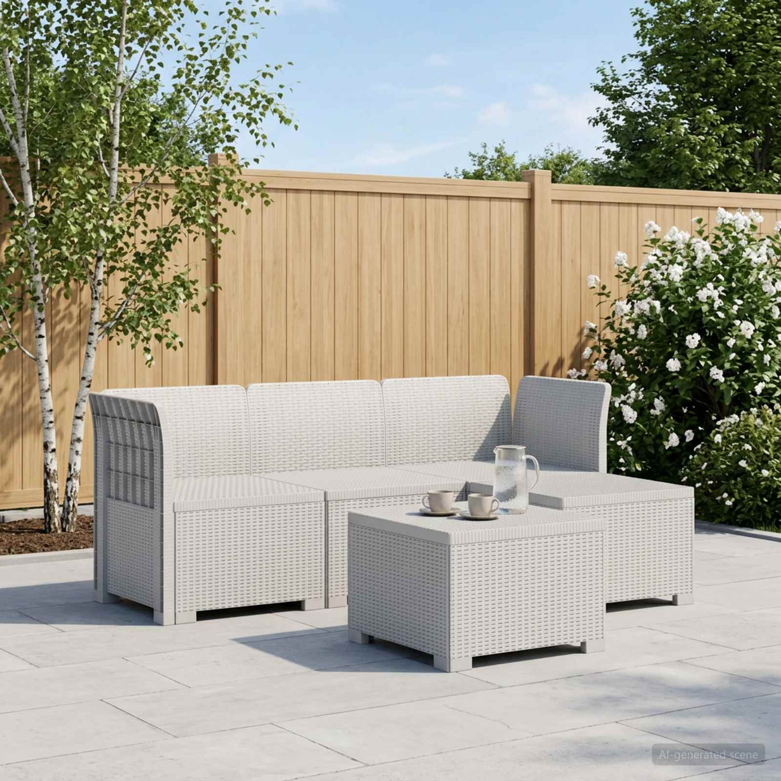 4-Sitzer Garten Sofa Rattan Look PP Weiß