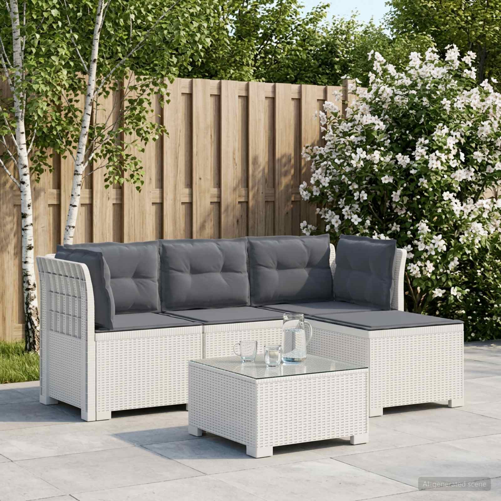 4-Sitzer Garten Sofa mit Kissen Rattan Look PP Weiß