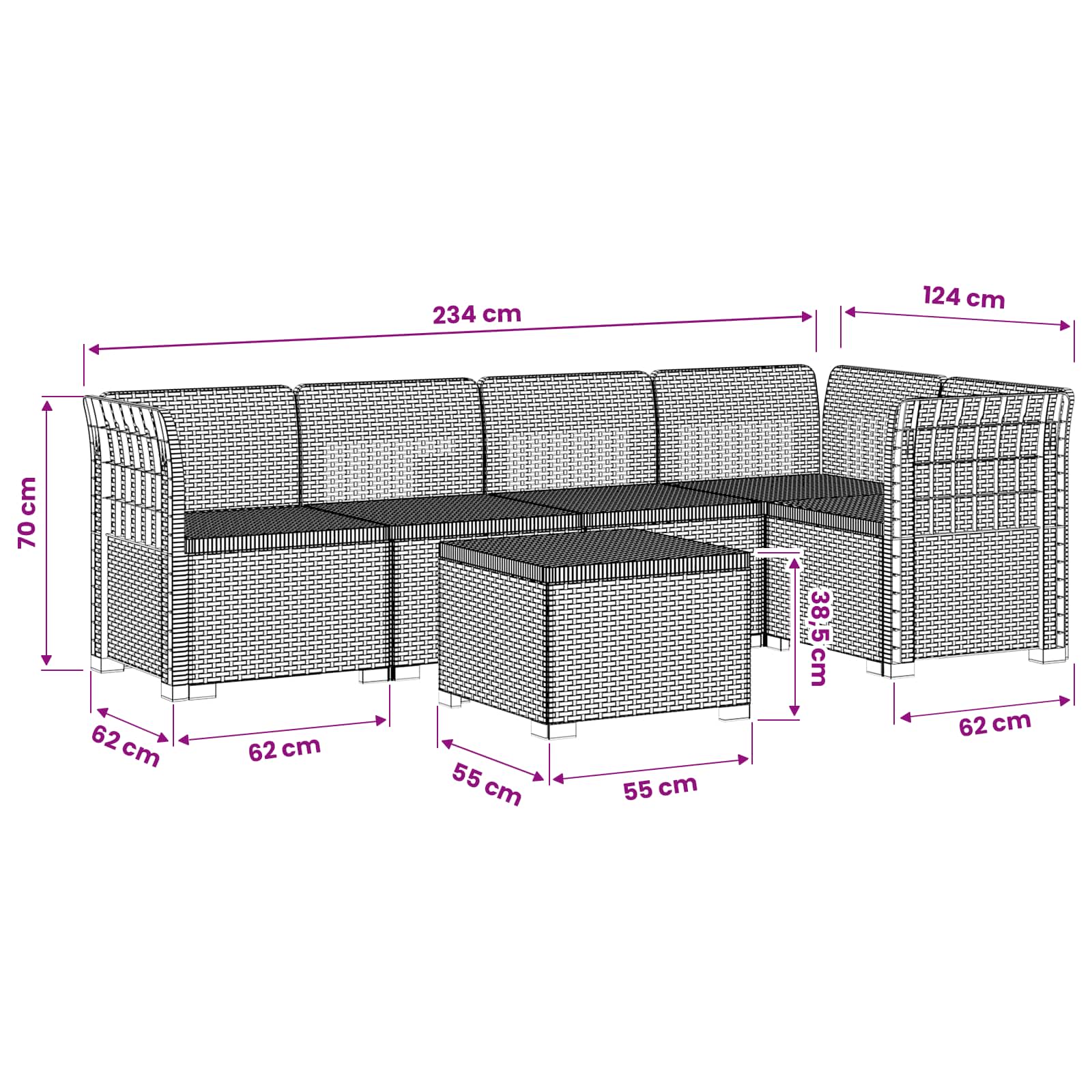 5-Sitzer Gartensofa Rattan-Look PP Braun