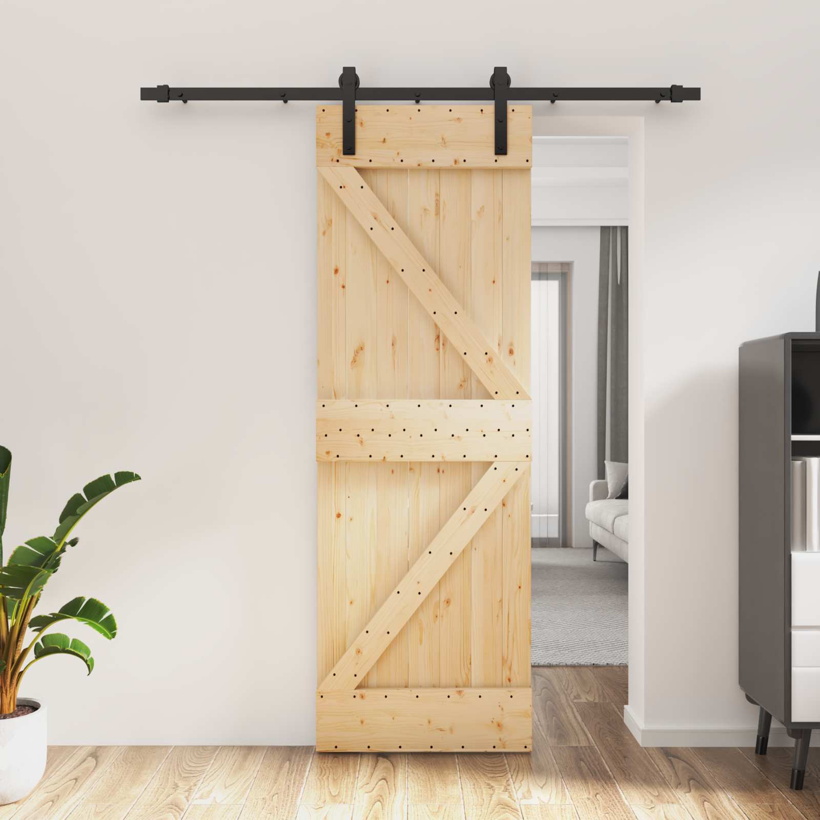 Schiebetür Natürlich und Schwarz 70 x 210 cm Massivkiefer