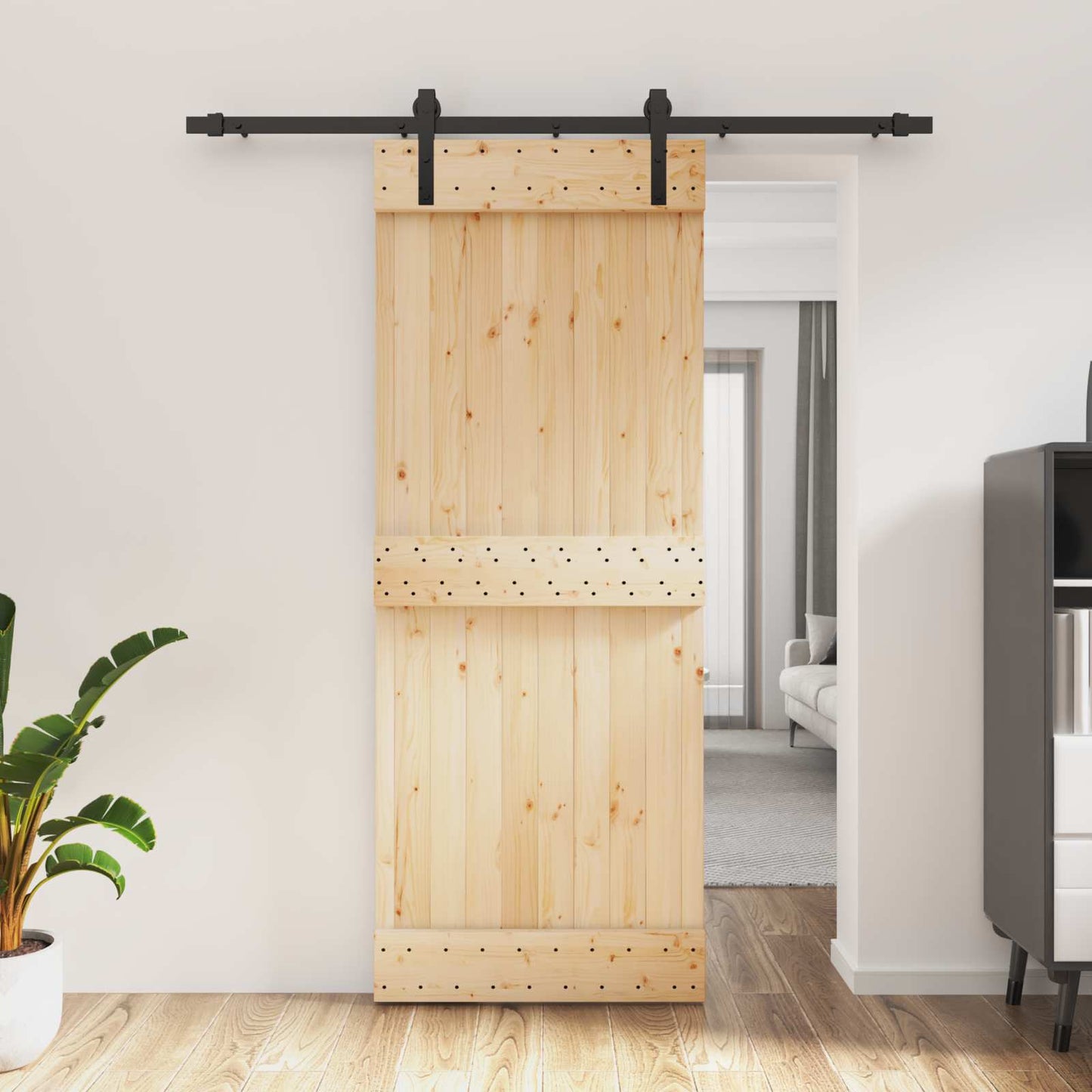Schiebetür Natürlich und Schwarz 80 x 210 cm Massivkiefer