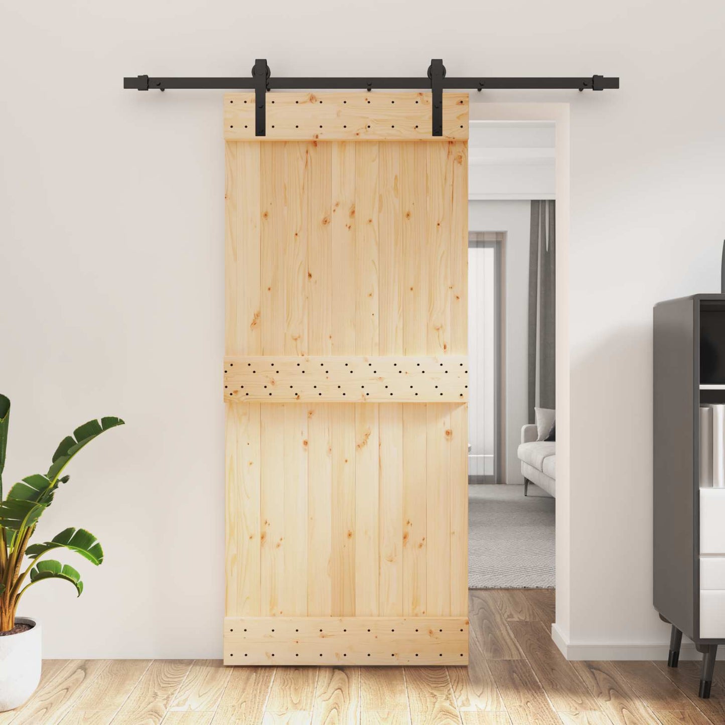 Schiebetür Natürlich und Schwarz 90 x 210 cm Massivkiefer