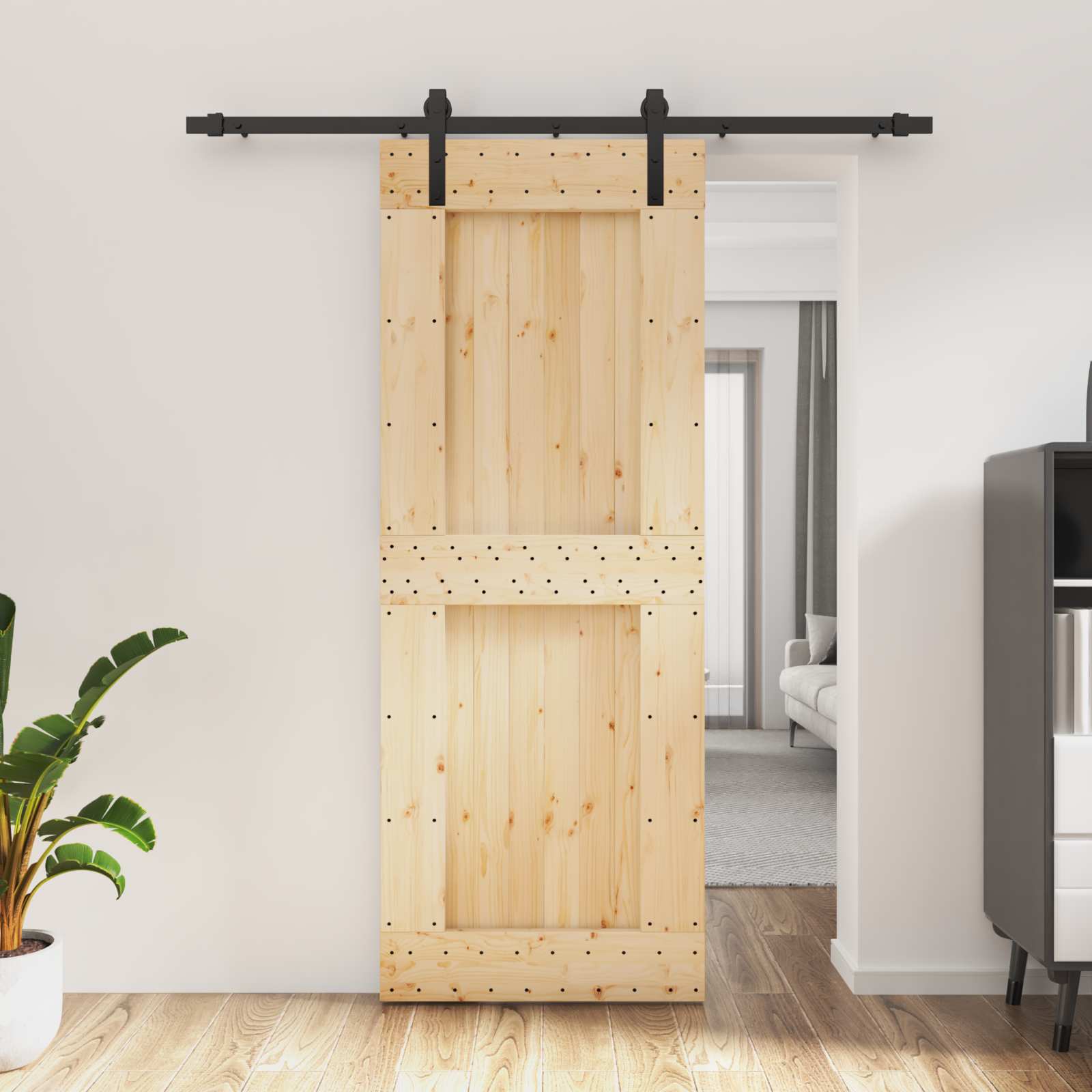 Schiebetür Natürlich und Schwarz 80 x 210 cm Massivkiefer