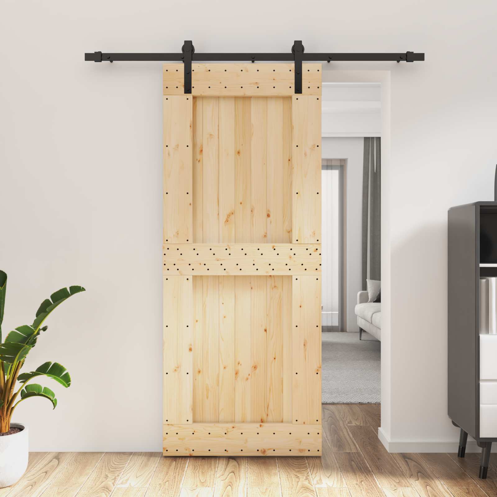 Schiebetür Natürlich und Schwarz 85 x 210 cm Massivkiefer