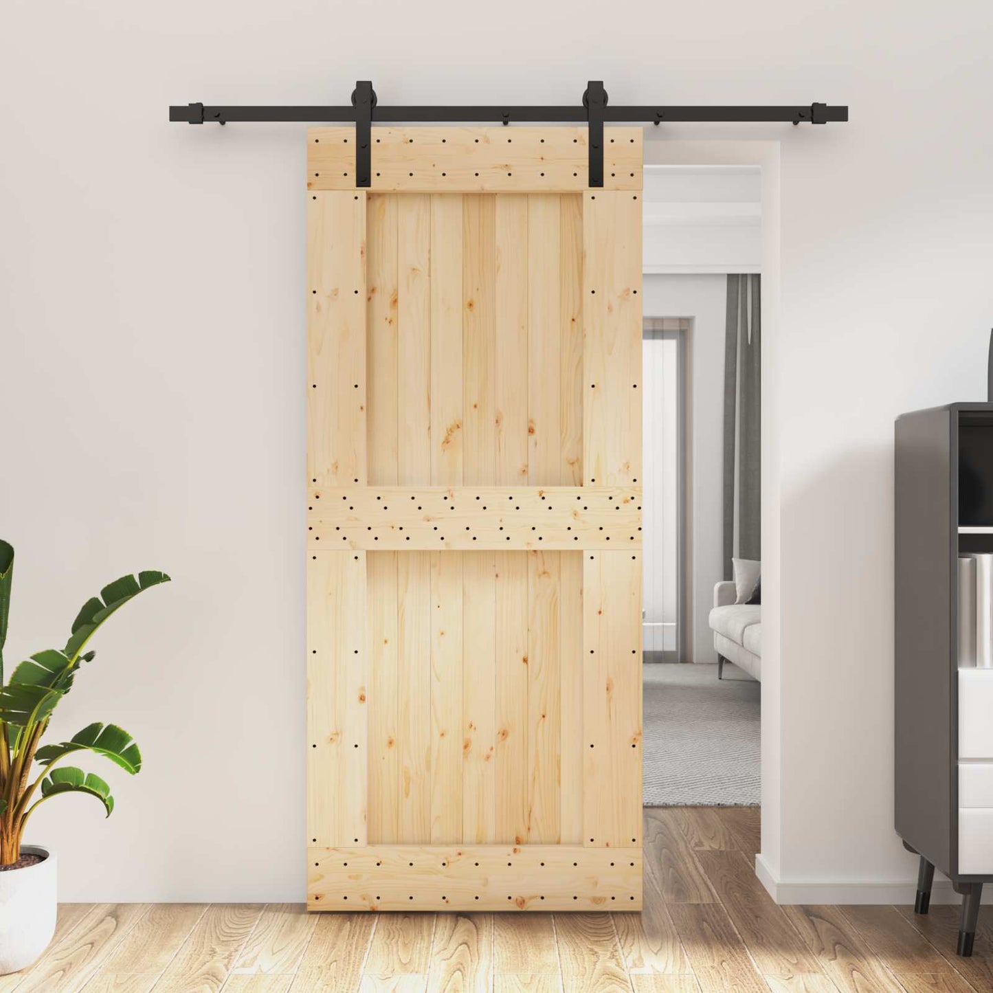 Schiebetür Natürlich und Schwarz 90 x 210 cm Massivkiefer