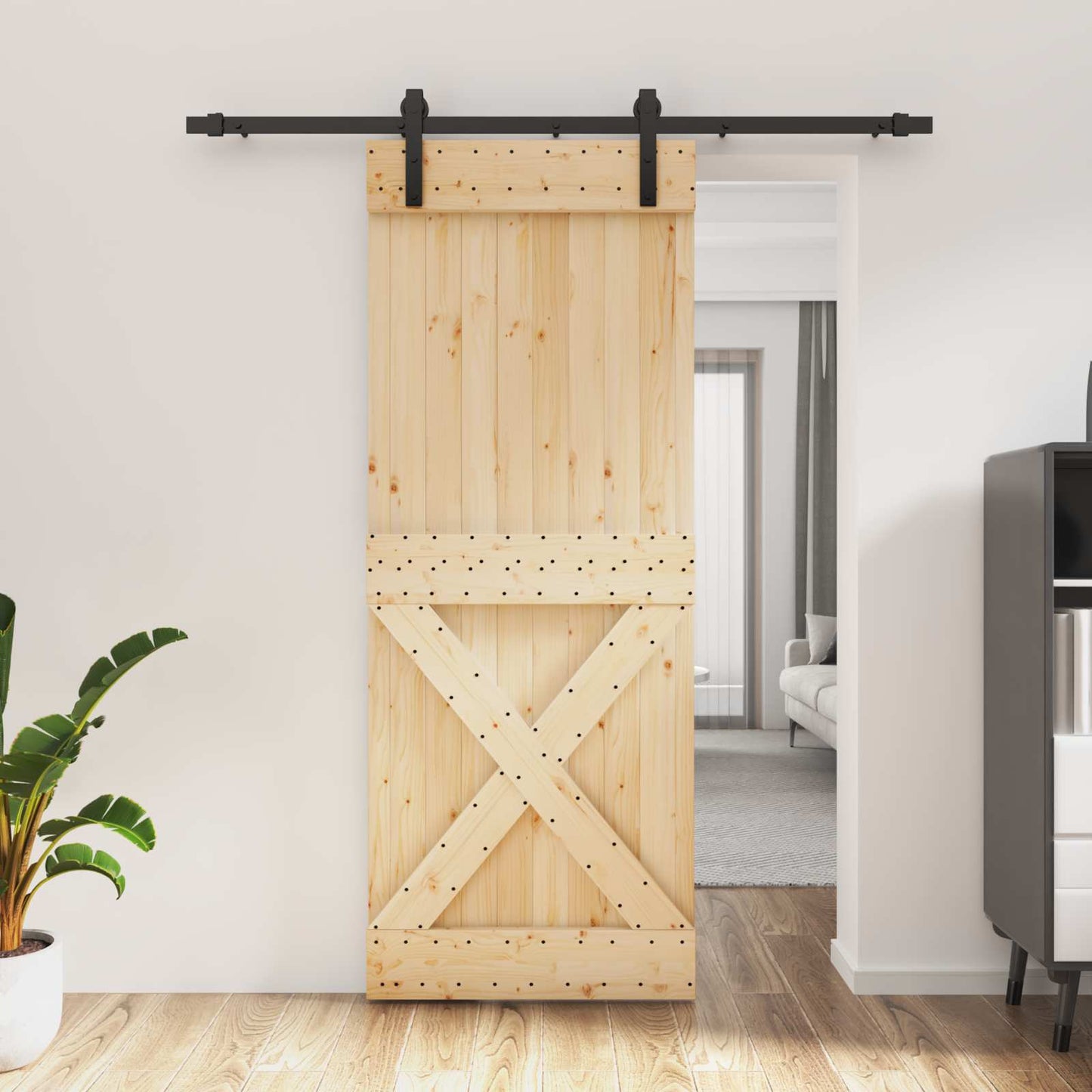 Schiebetür Natürlich und Schwarz 80 x 210 cm Massivkiefer