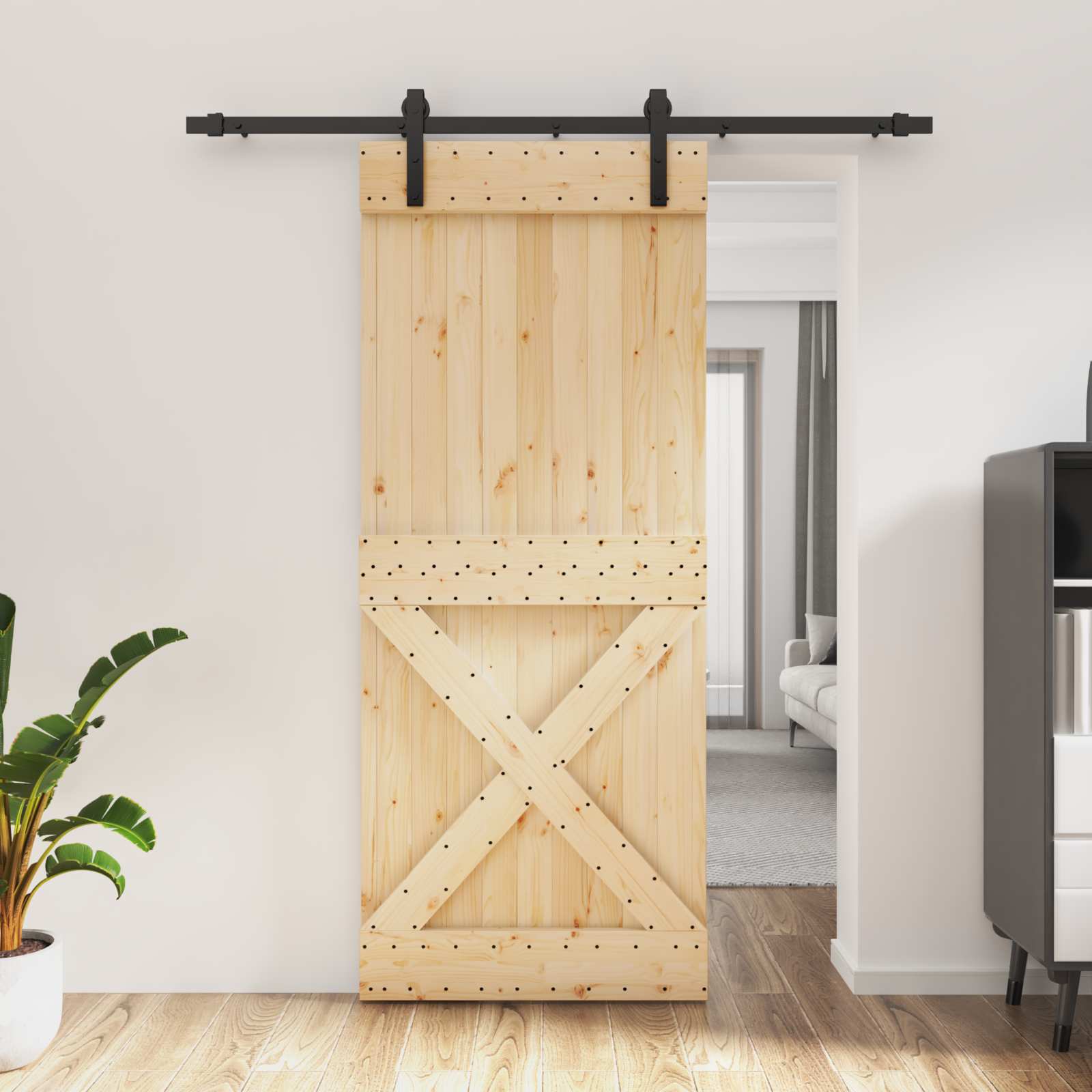 Schiebetür Natürlich und Schwarz 85 x 210 cm Massivkiefer