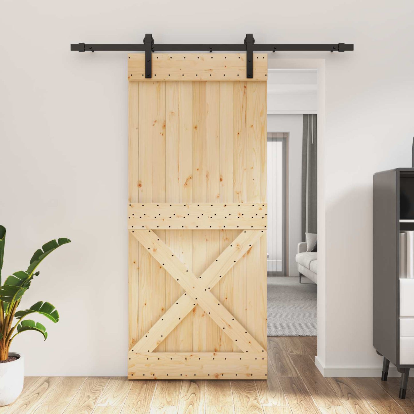 Schiebetür Natürlich und Schwarz 90 x 210 cm Massivkiefer