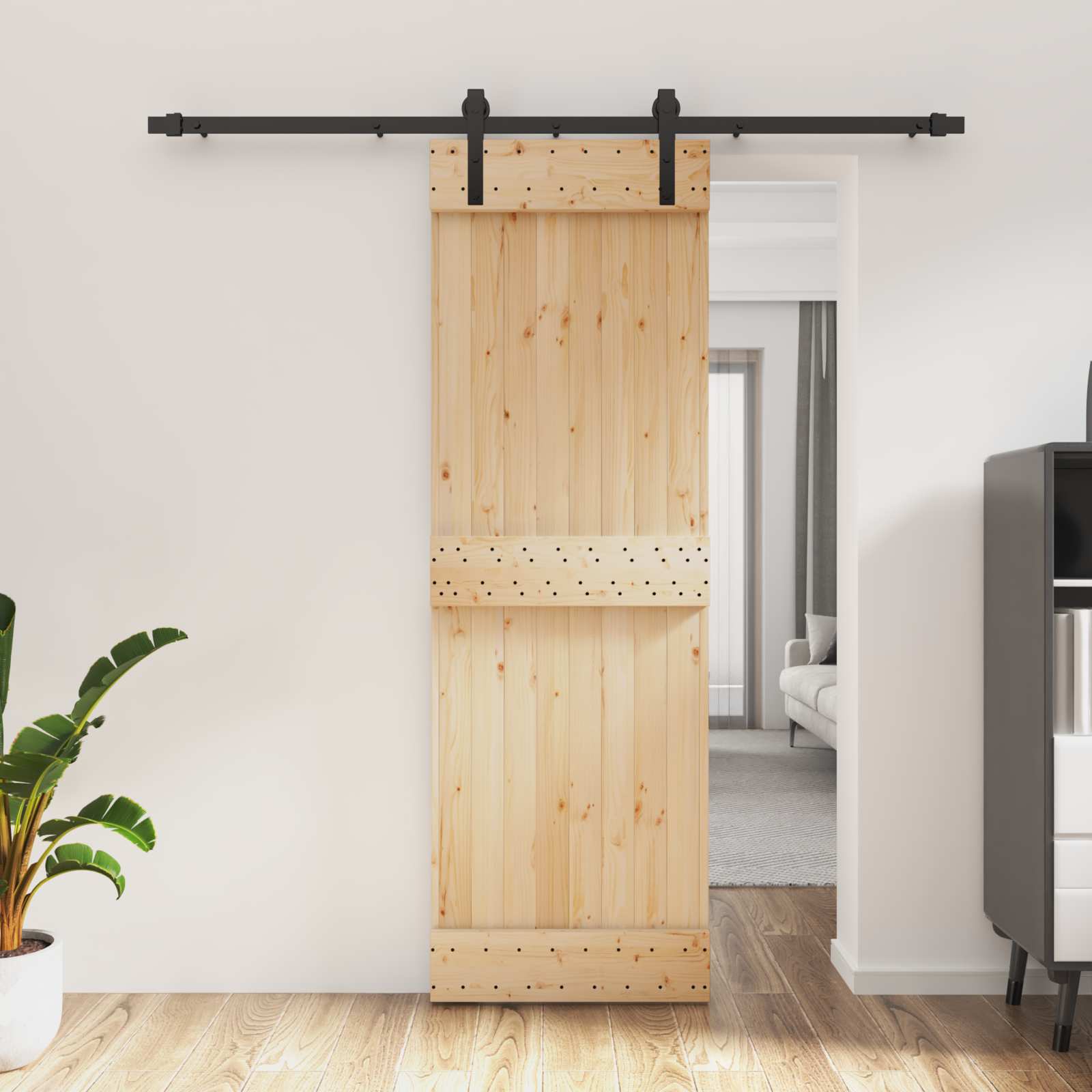 Schiebetür Natürlich und Schwarz 70 x 210 cm Massivkiefer
