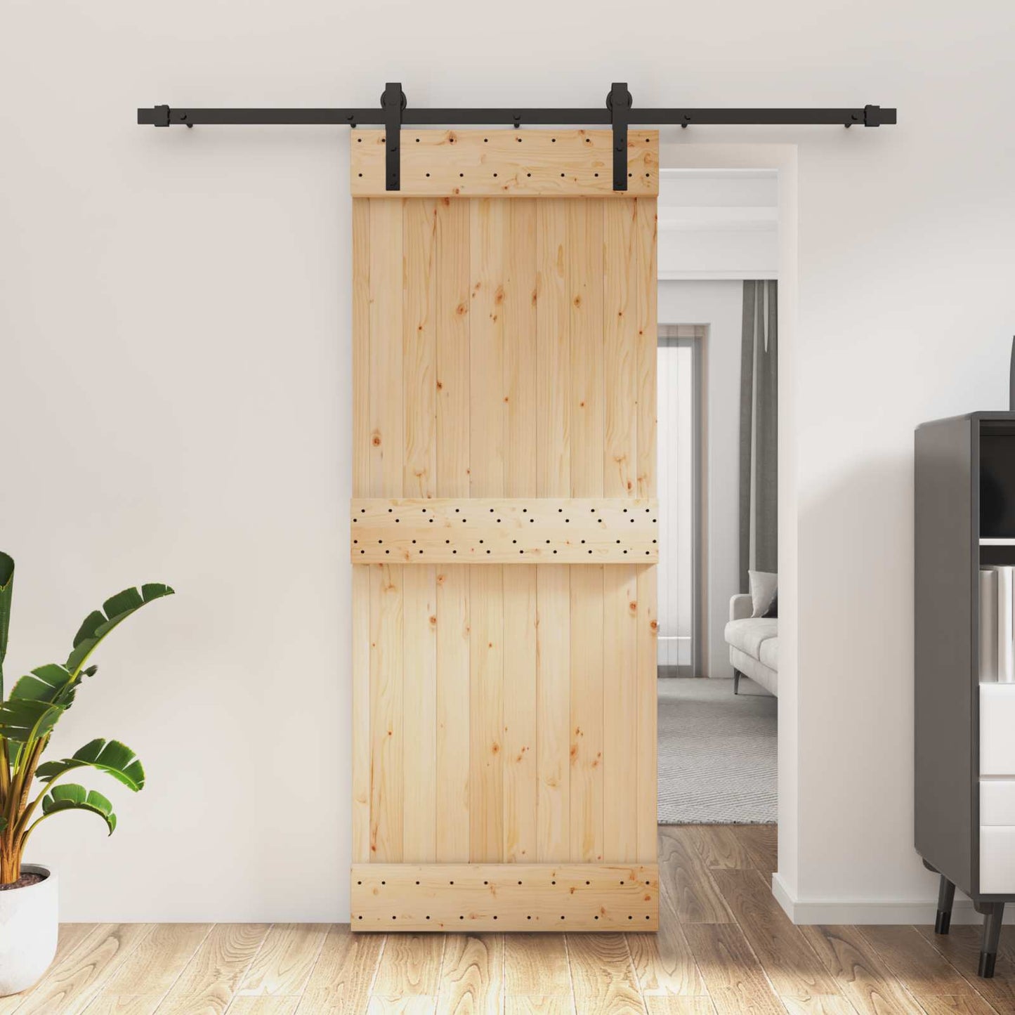 Schiebetür Natürlich und Schwarz 80 x 210 cm Massivkiefer