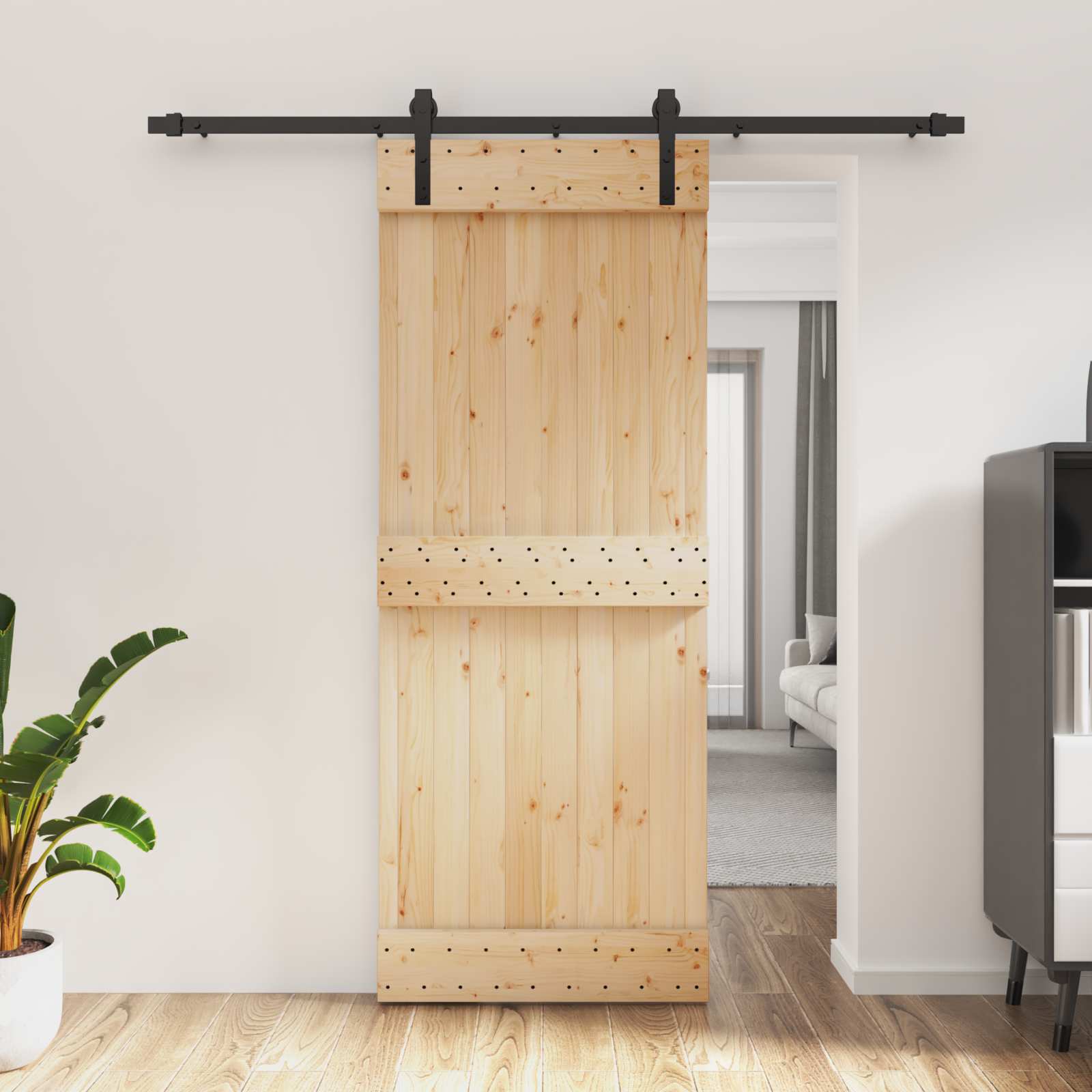 Schiebetür Natürlich und Schwarz 80 x 210 cm Massivkiefer