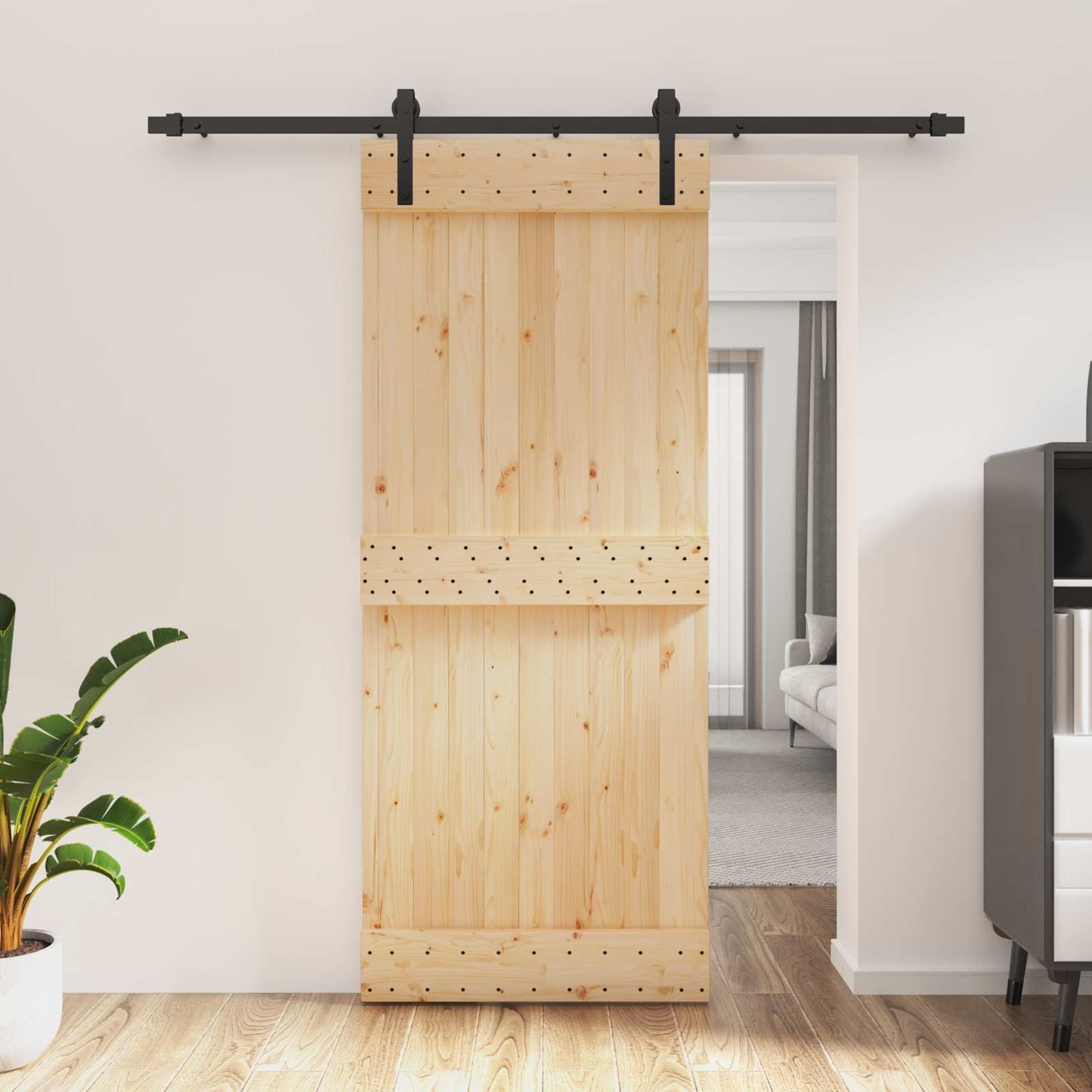 Schiebetür Natürlich und Schwarz 85 x 210 cm Massivkiefer
