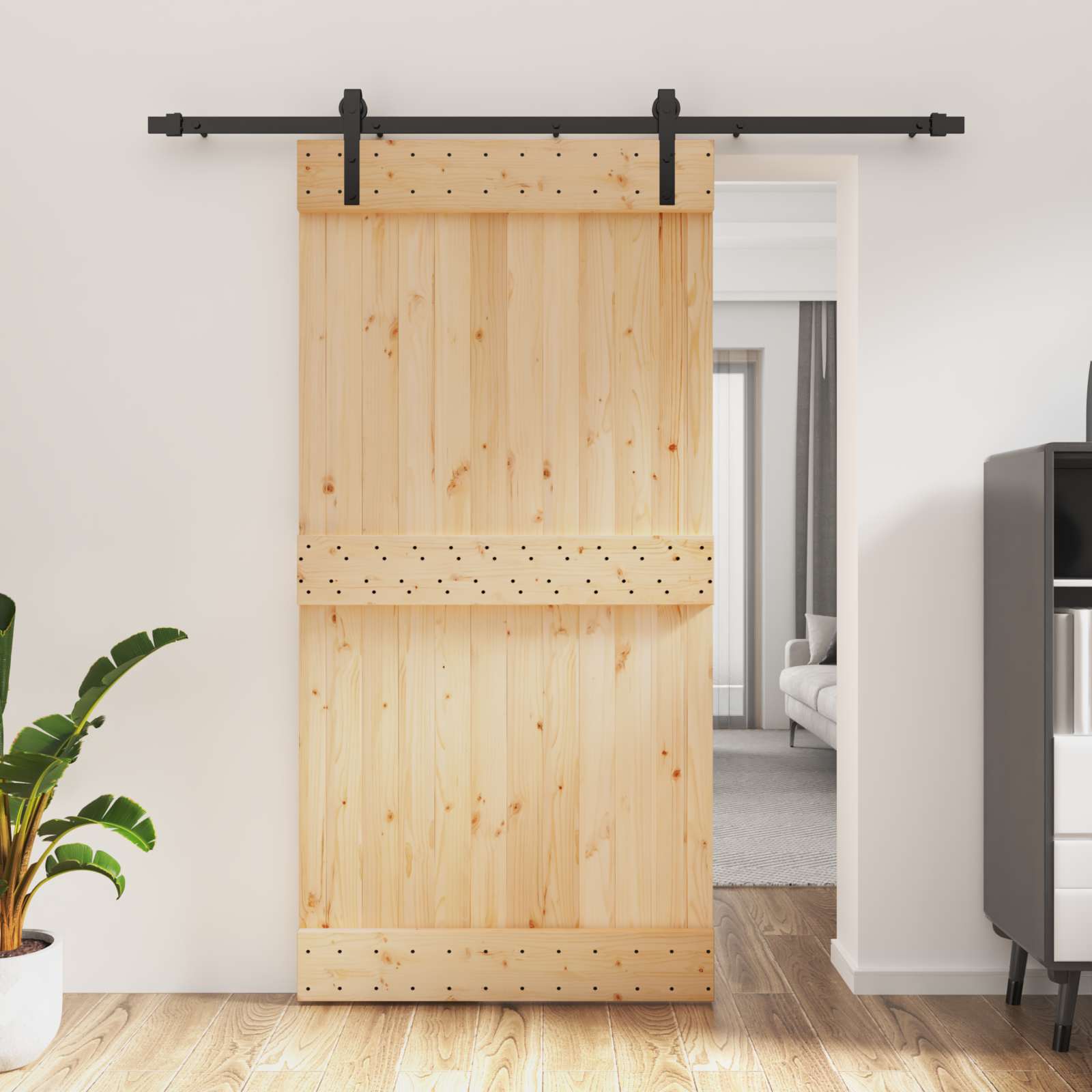 Schiebetür Natürlich und Schwarz 100 x 210 cm Massivkiefer