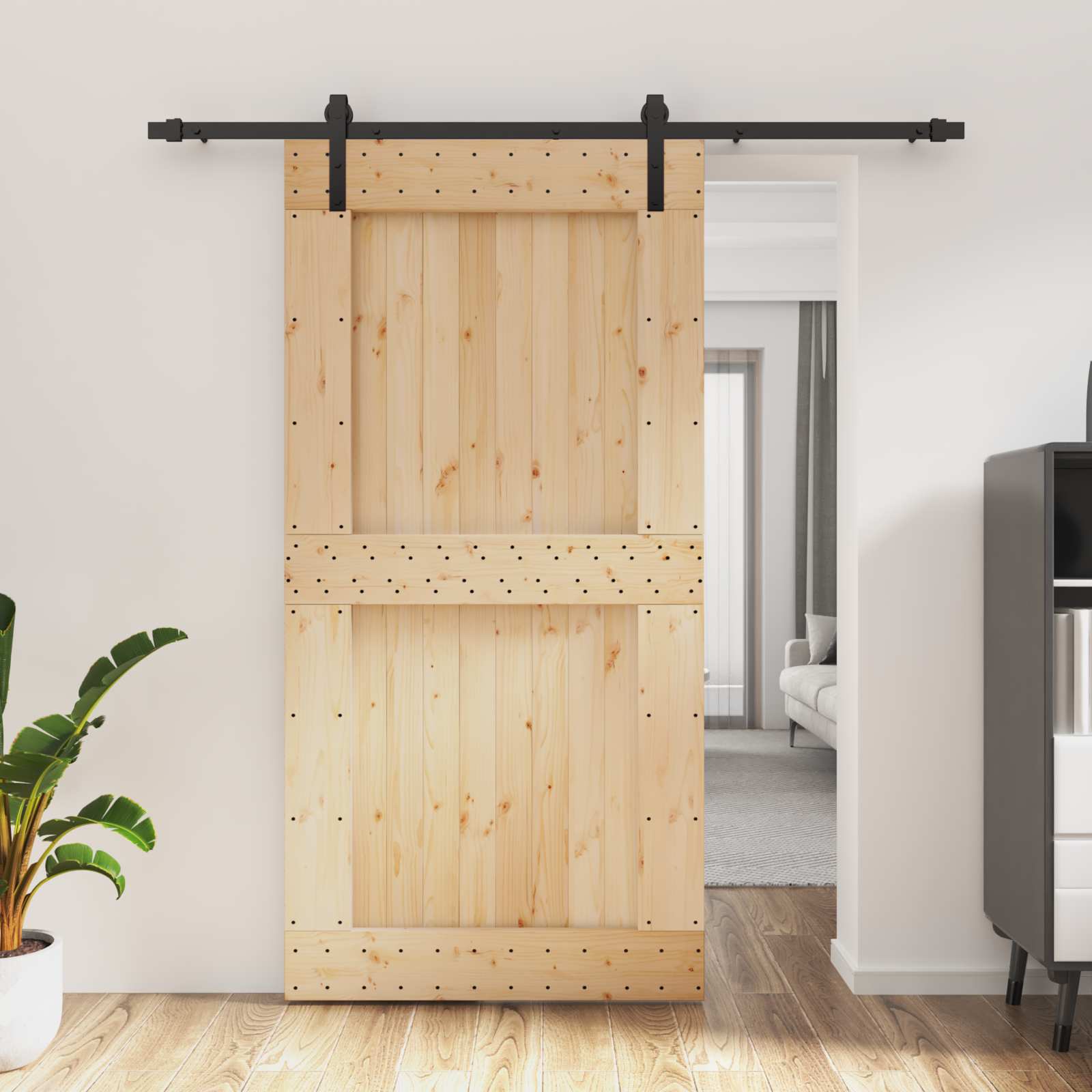 Schiebetür Natürlich und Schwarz 100 x 210 cm Massivkiefer