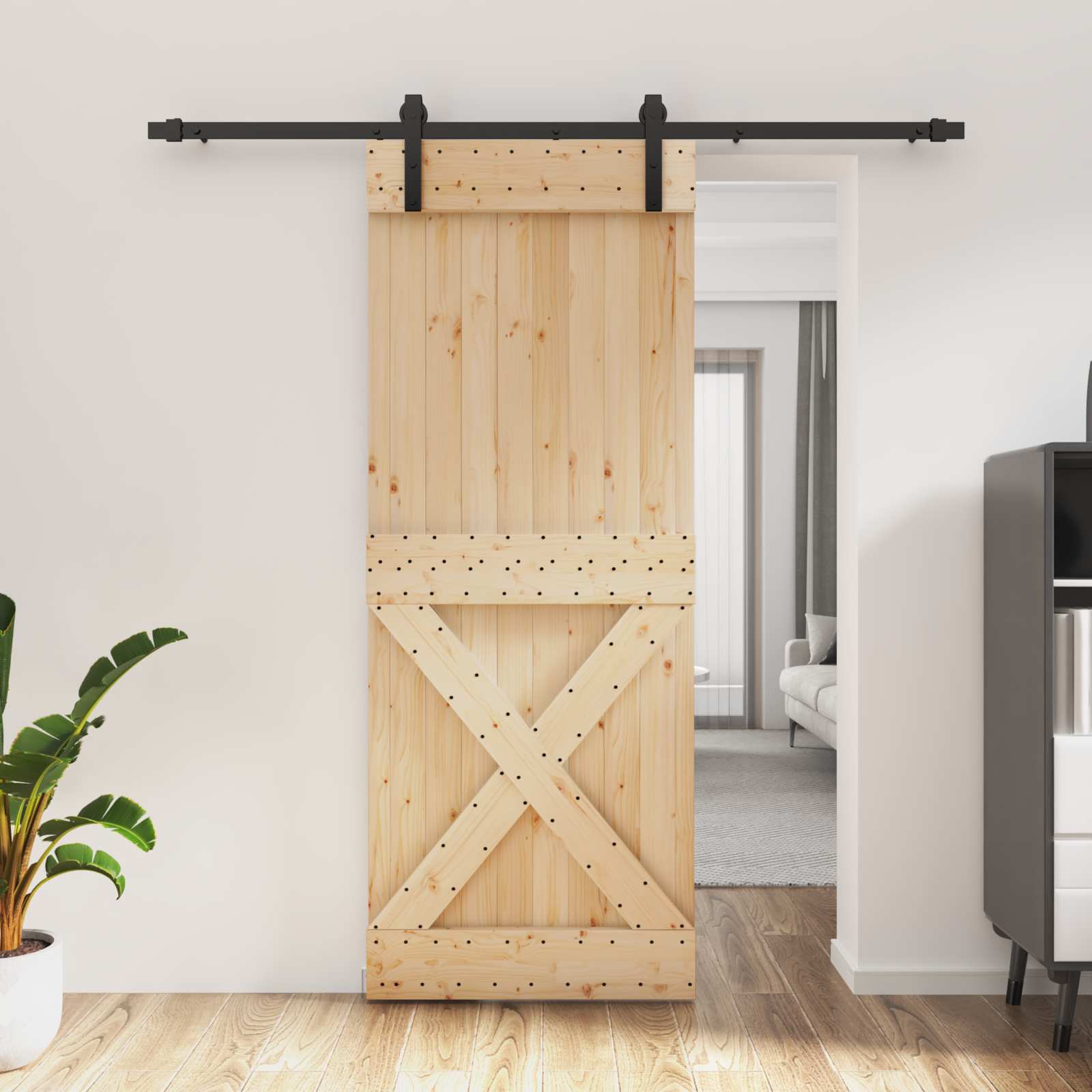 Schiebetür Natürlich und Schwarz 80 x 210 cm Massivkiefer