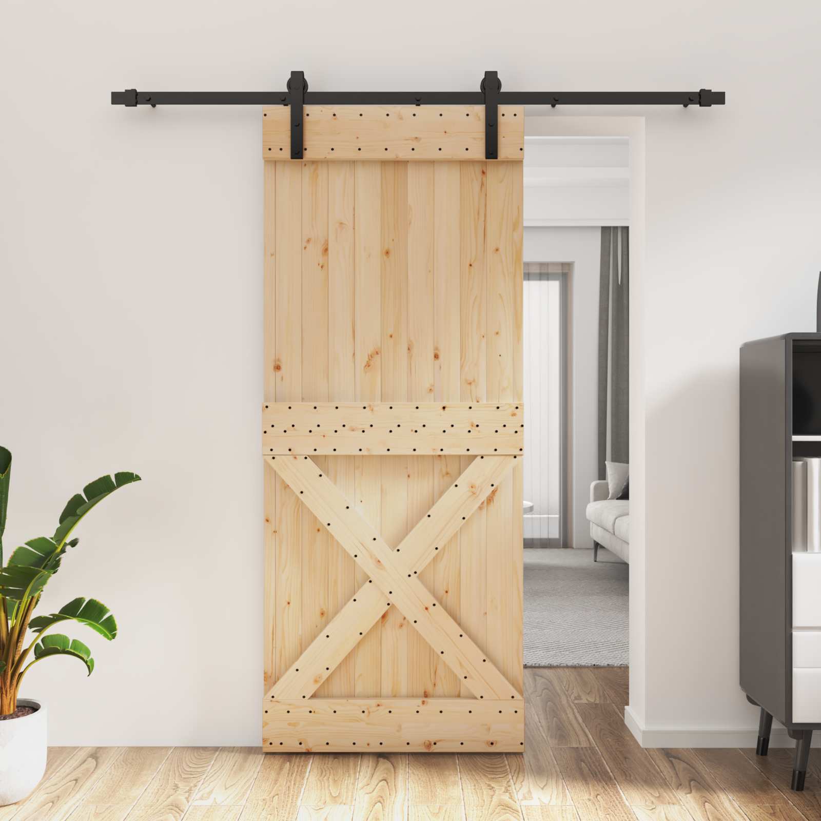 Schiebetür Natürlich und Schwarz 85 x 210 cm Massivkiefer