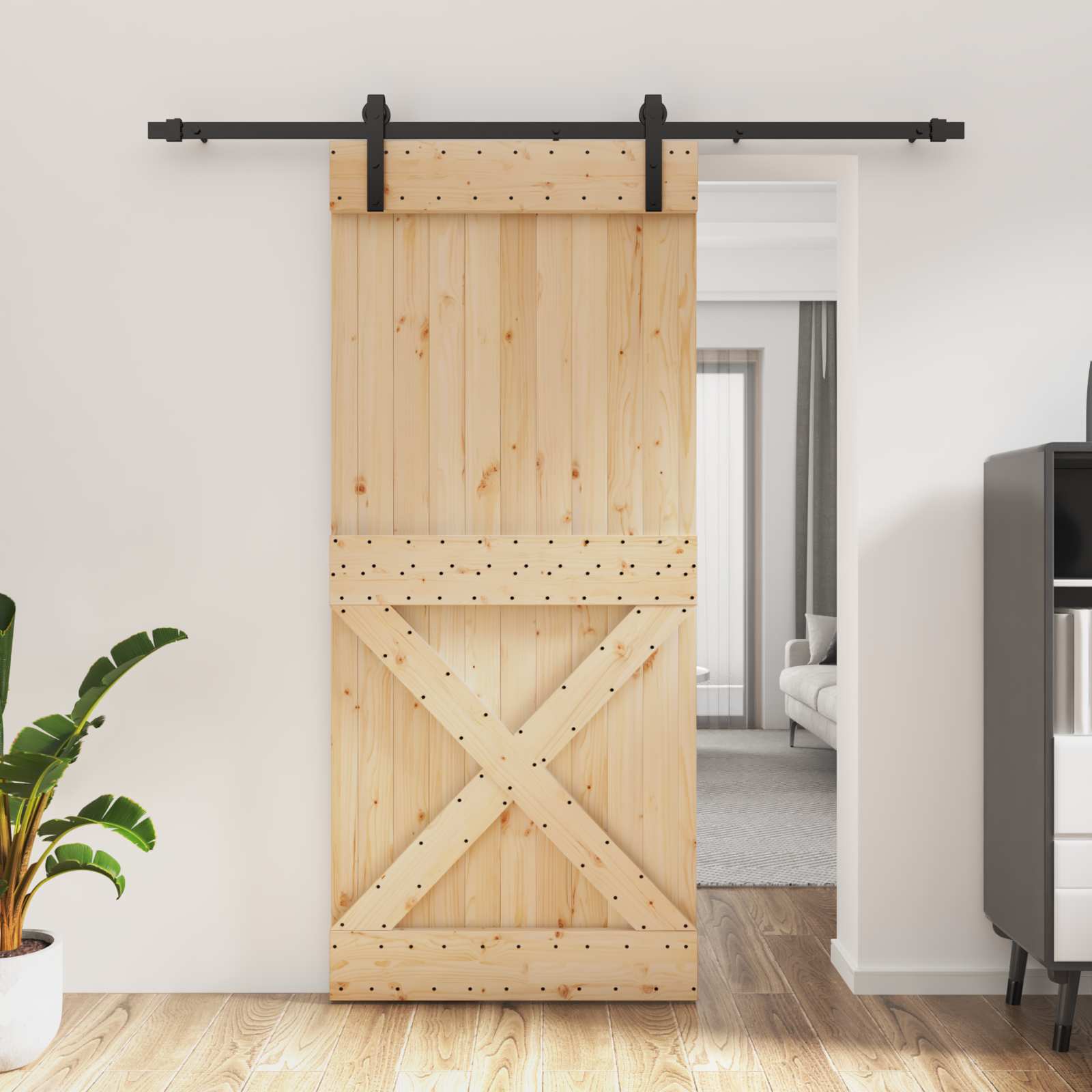 Schiebetür Natürlich und Schwarz 90 x 210 cm Massivkiefer