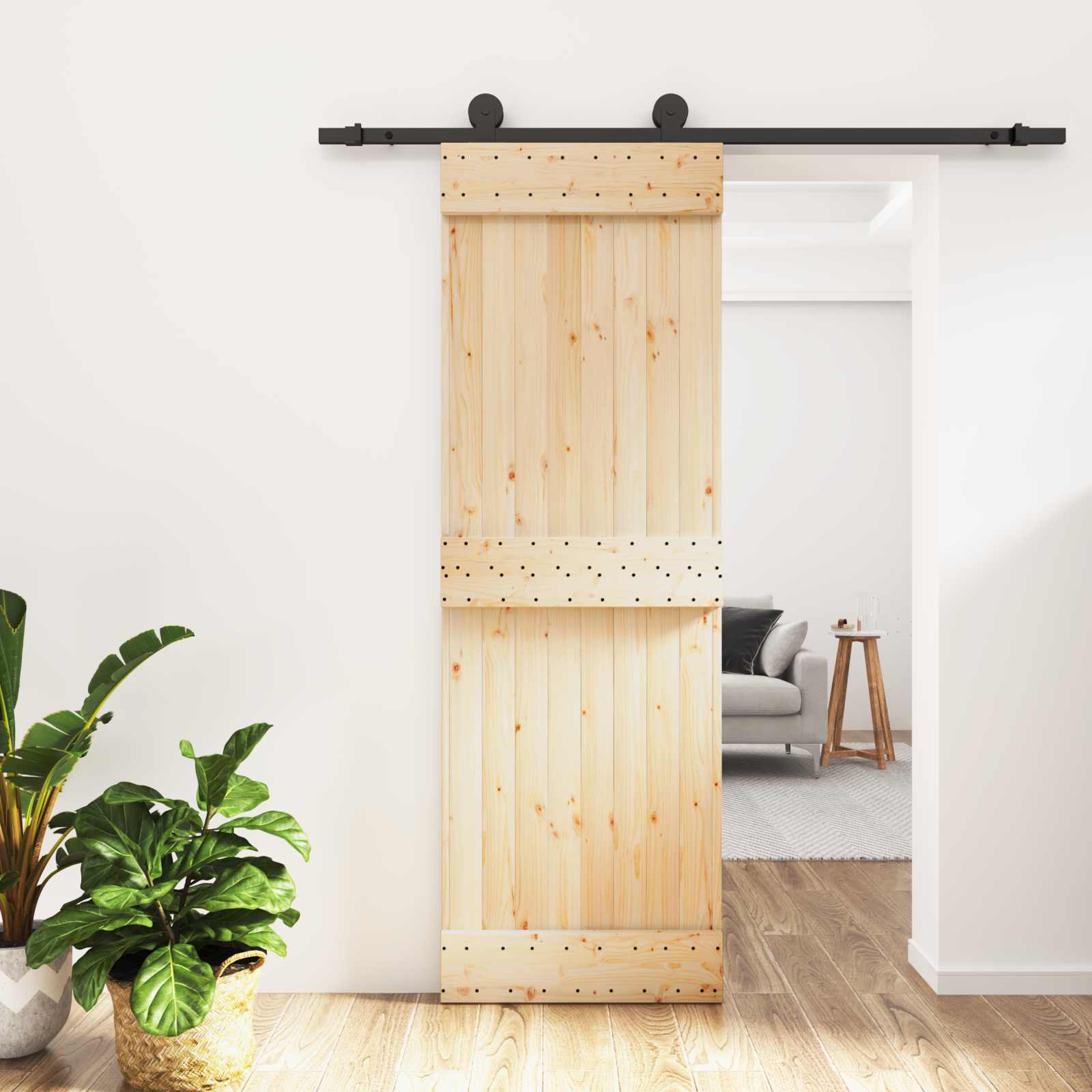 Schiebetür Natürlich und Schwarz 70 x 210 cm Massivkiefer