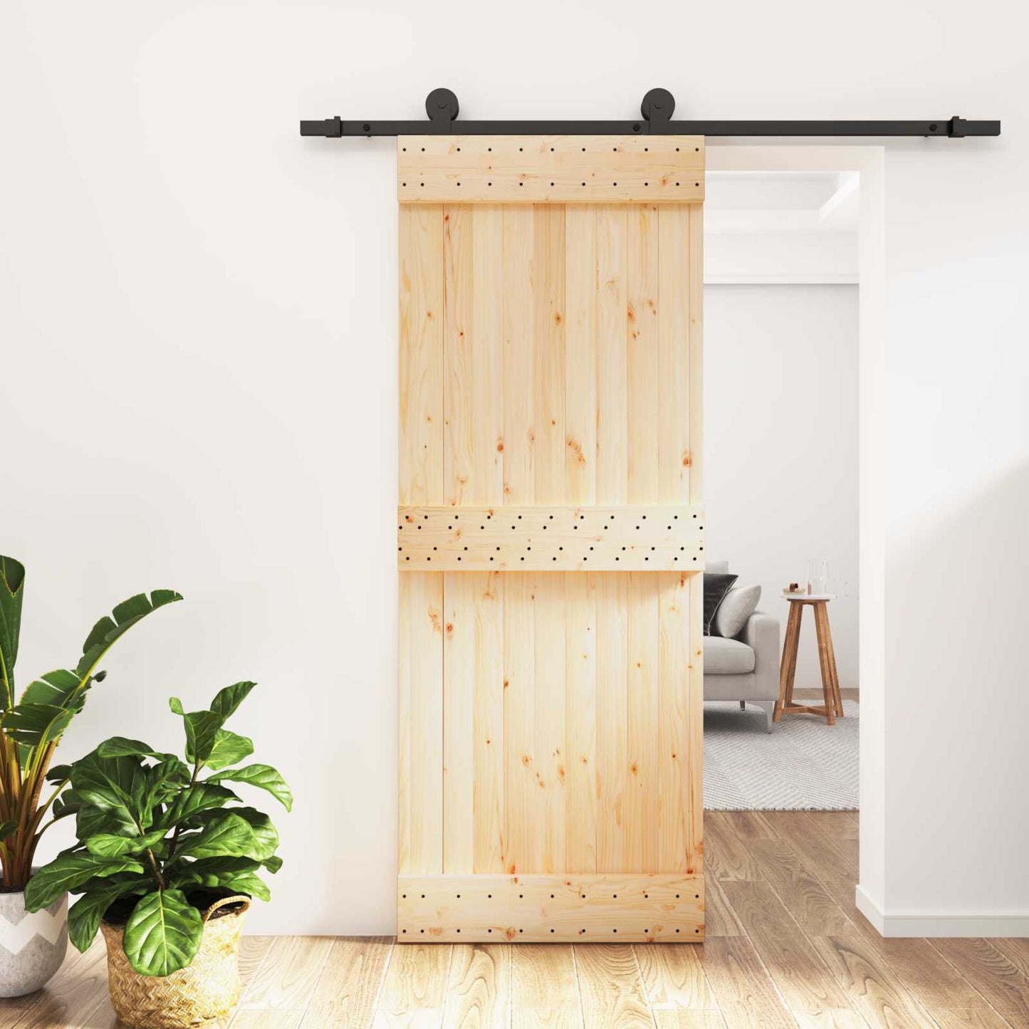 Schiebetür Natürlich und Schwarz 80 x 210 cm Massivkiefer