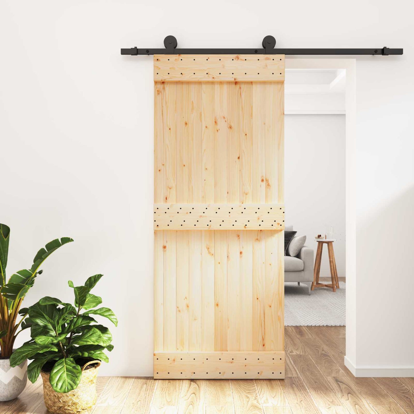 Schiebetür Natürlich und Schwarz 85 x 210 cm Massivkiefer