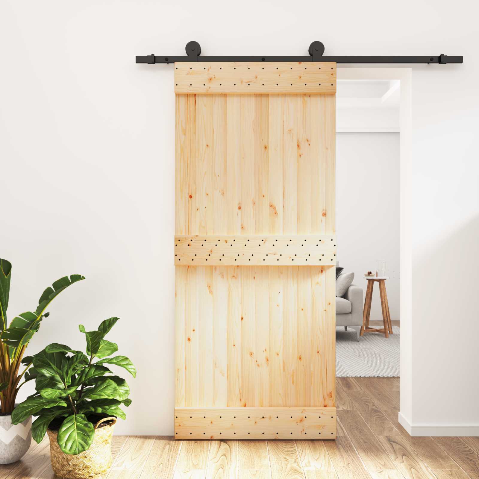 Schiebetür Natürlich und Schwarz 90 x 210 cm Massivkiefer