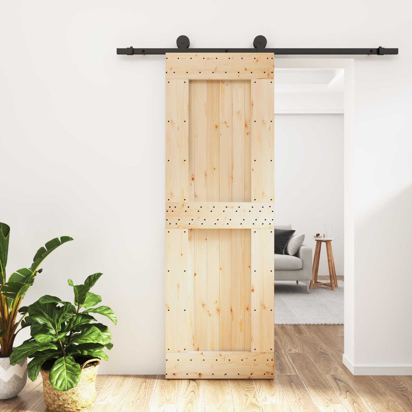 Schiebetür Natürlich und Schwarz 70 x 210 cm Massivkiefer
