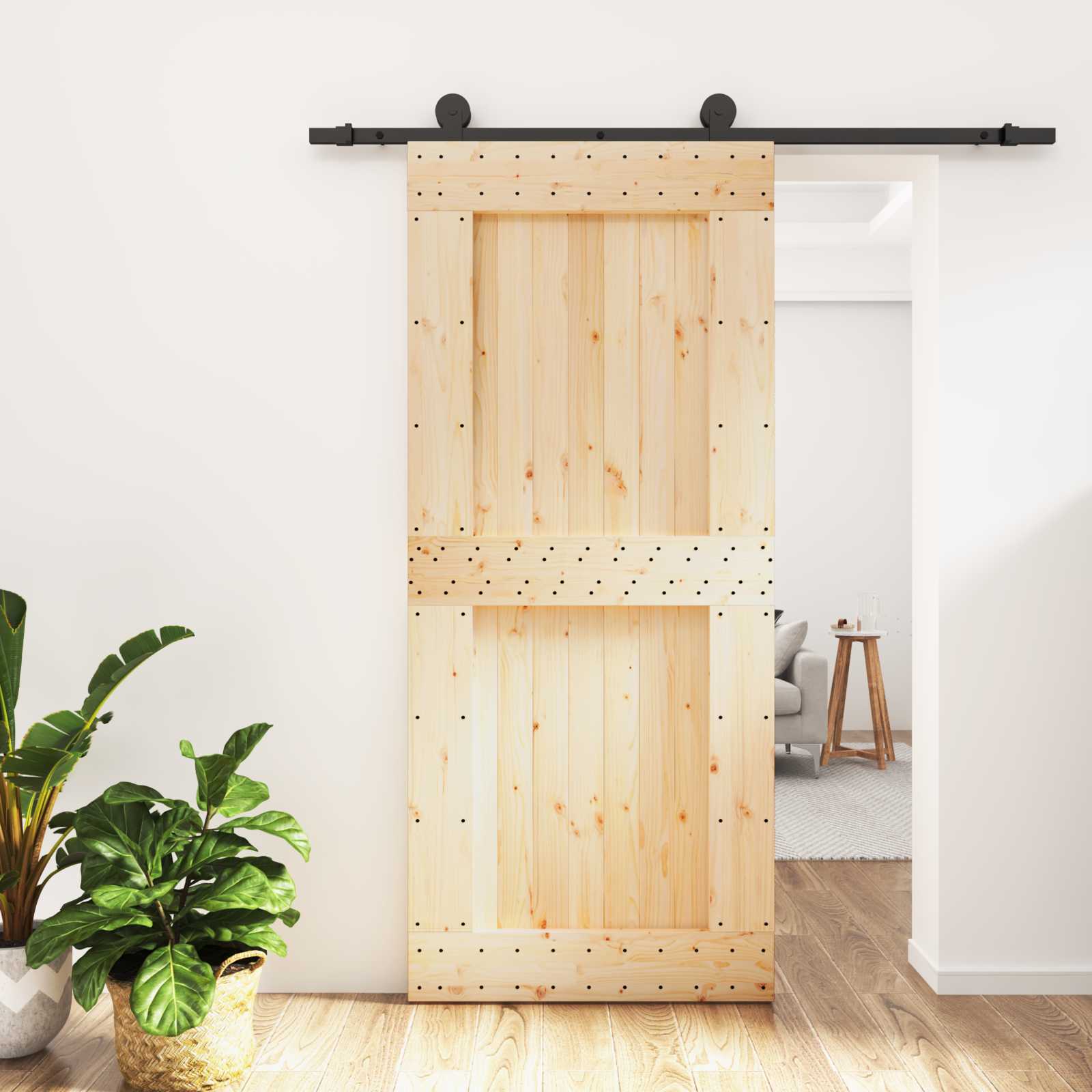 Schiebetür Natürlich und Schwarz 90 x 210 cm Massivkiefer