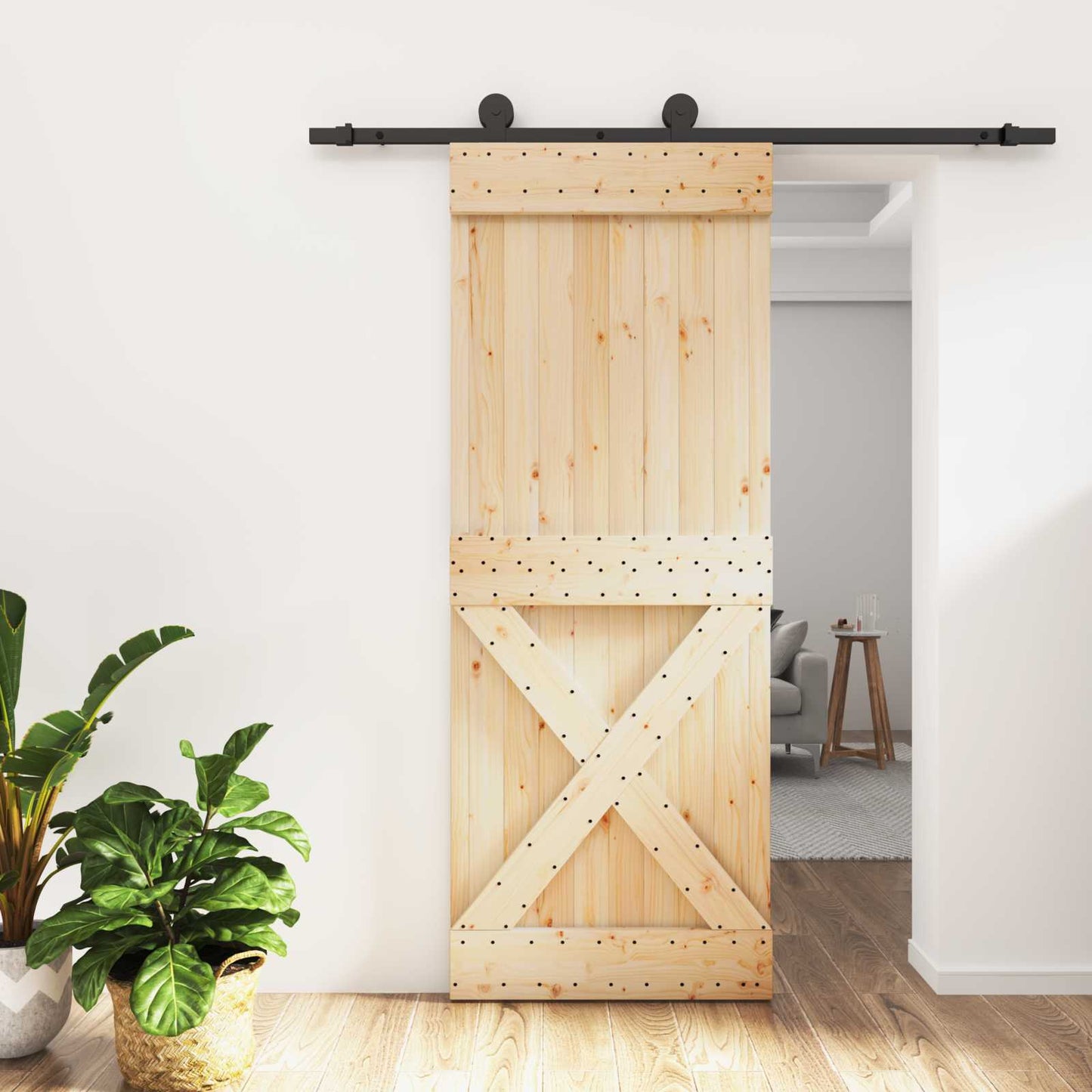 Schiebetür Natürlich und Schwarz 80 x 210 cm Massivkiefer