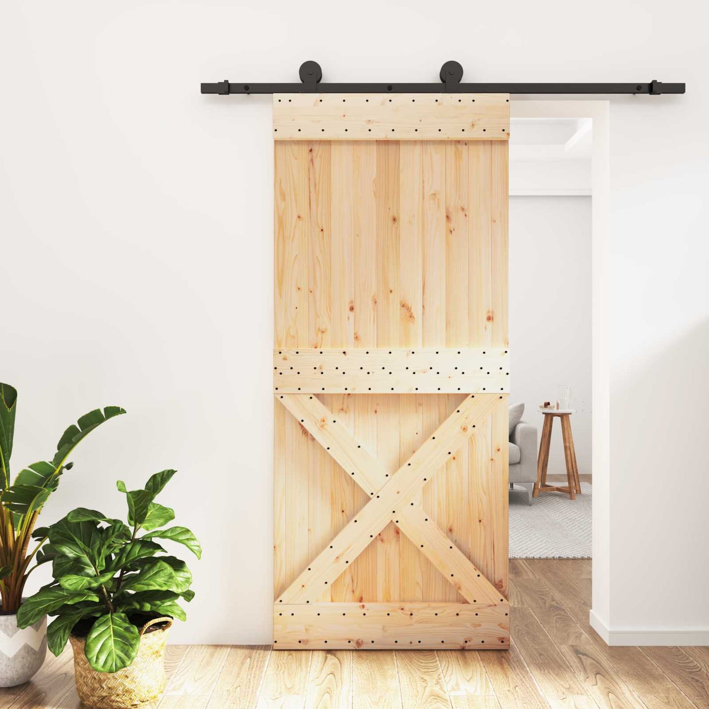 Schiebetür Natürlich und Schwarz 90 x 210 cm Massivkiefer