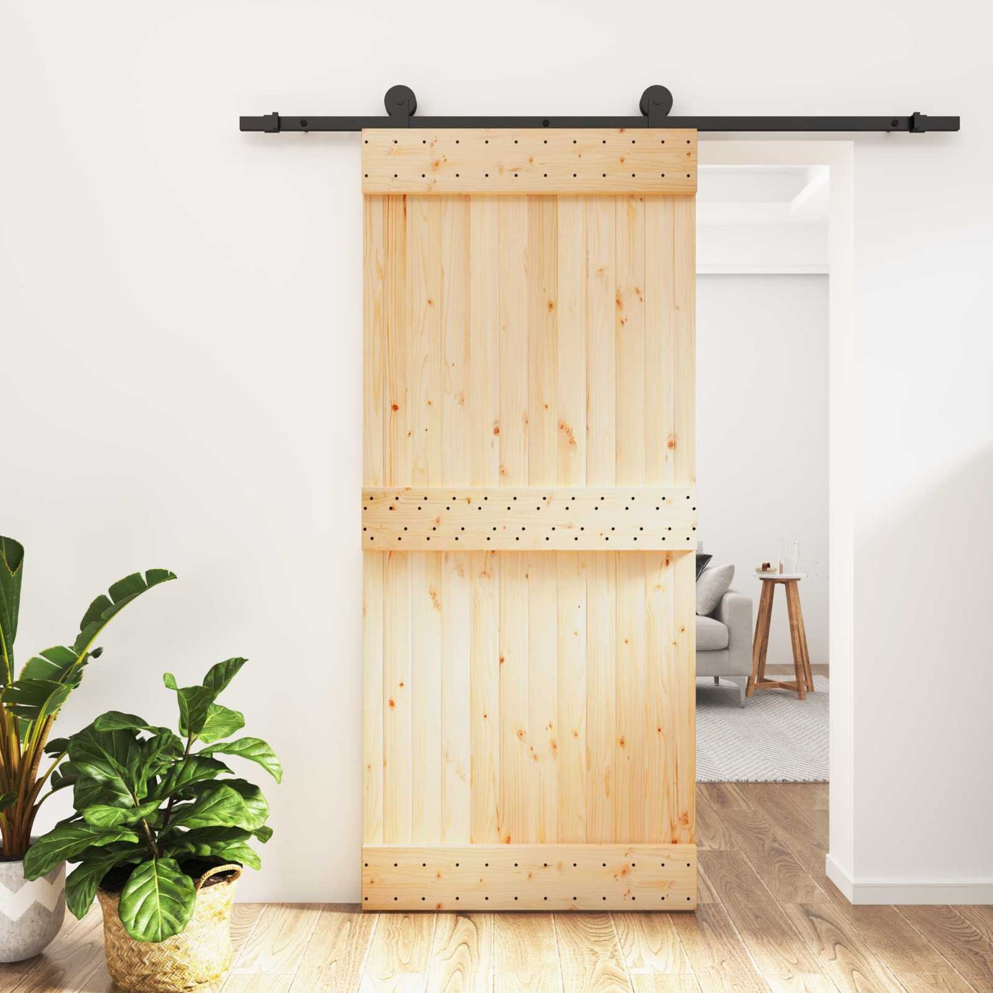 Schiebetür Natürlich und Schwarz 90 x 210 cm Massivkiefer