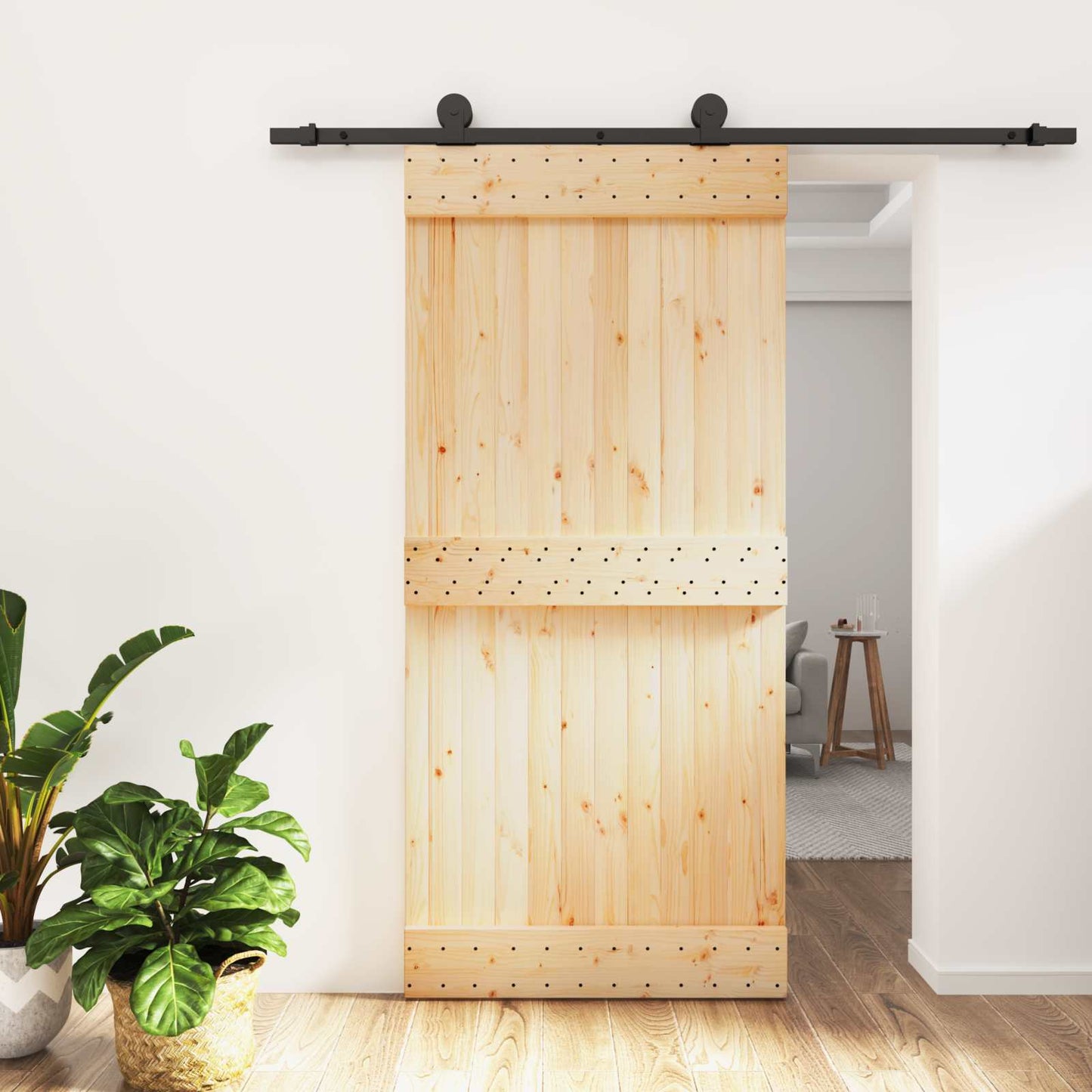 Schiebetür Natürlich und Schwarz 95 x 210 cm Massivkiefer