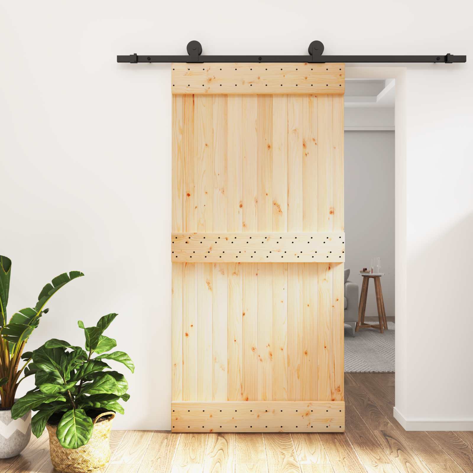Schiebetür Natürlich und Schwarz 100 x 210 cm Massivkiefer