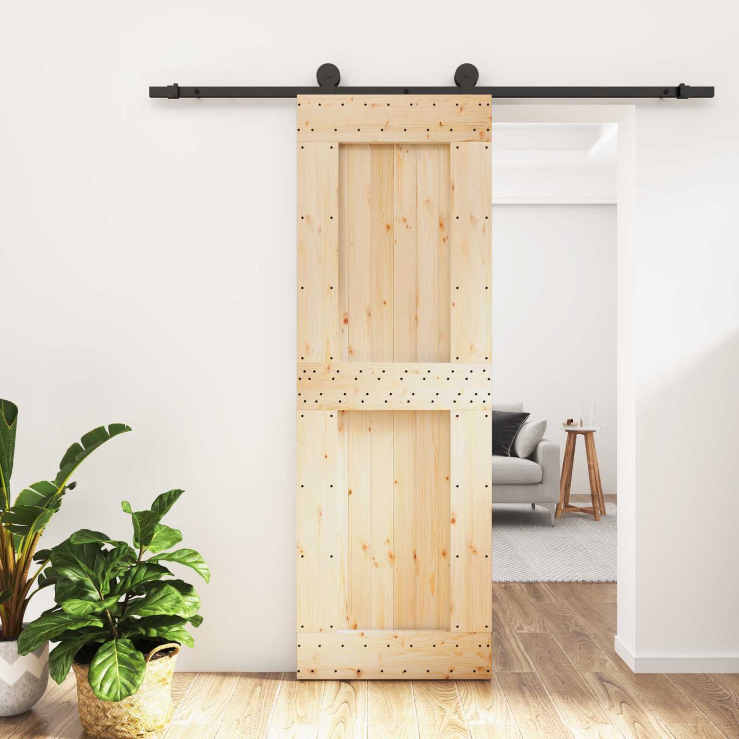 Schiebetür Natürlich und Schwarz 70 x 210 cm Massivkiefer