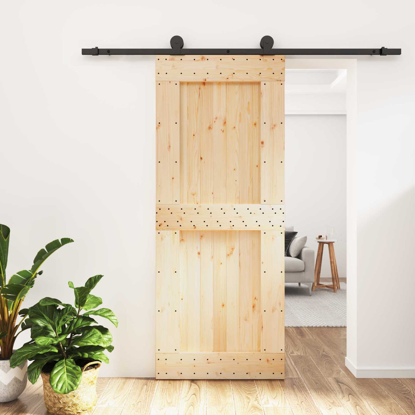 Schiebetür Natürlich und Schwarz 85 x 210 cm Massivkiefer
