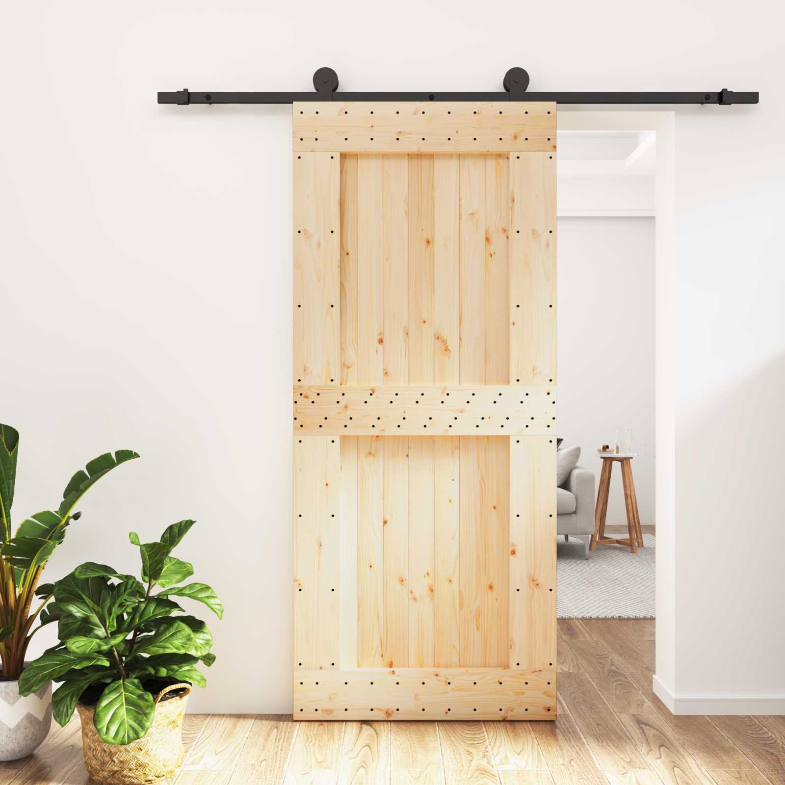 Schiebetür Natürlich und Schwarz 90 x 210 cm Massivkiefer