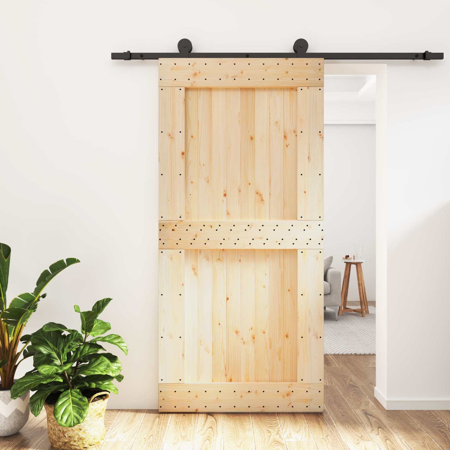 Schiebetür Natürlich und Schwarz 100 x 210 cm Massivkiefer