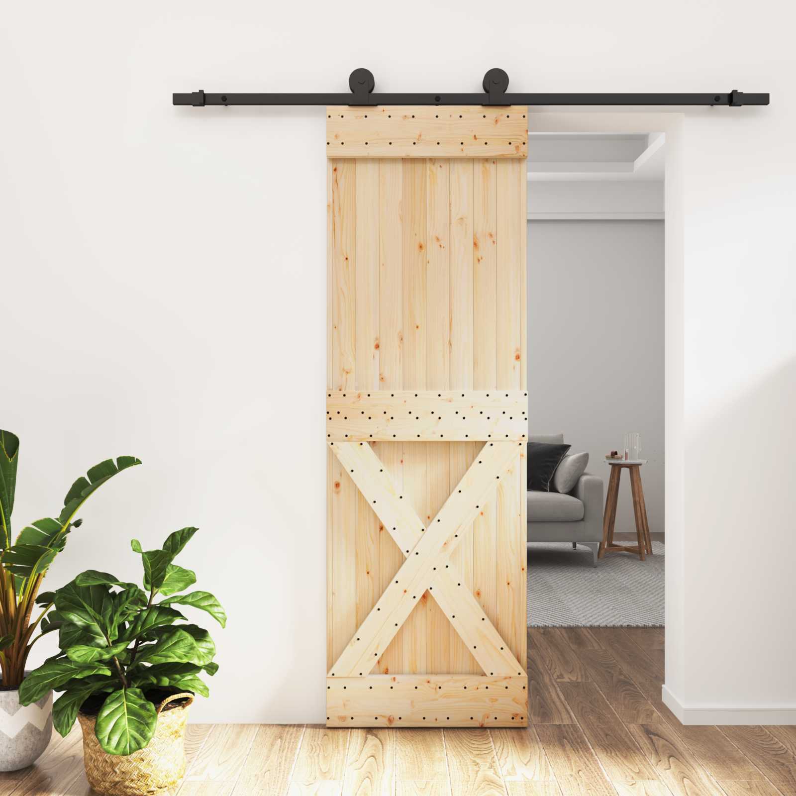 Schiebetür Natürlich und Schwarz 70 x 210 cm Massivkiefer