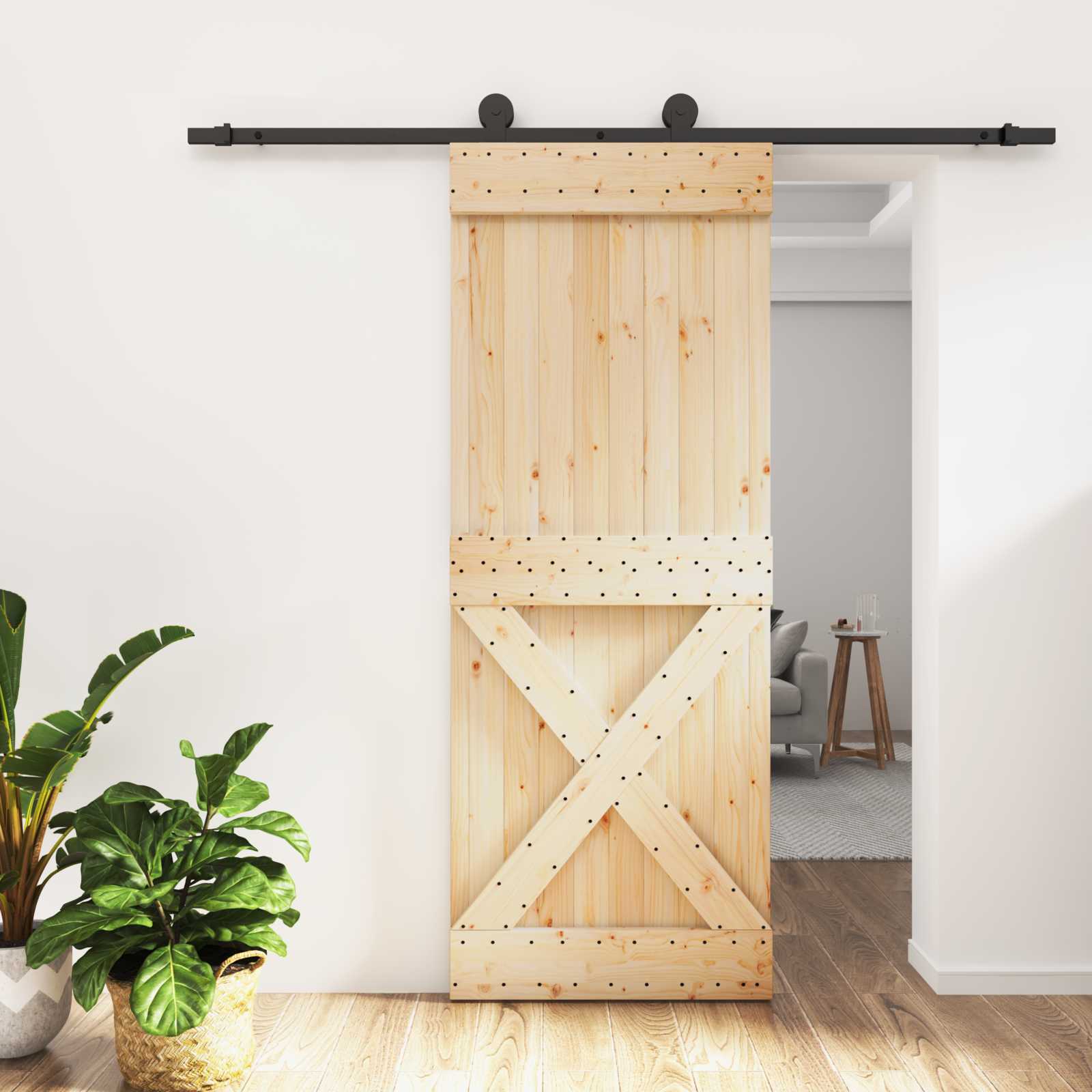Schiebetür Natürlich und Schwarz 80 x 210 cm Massivkiefer